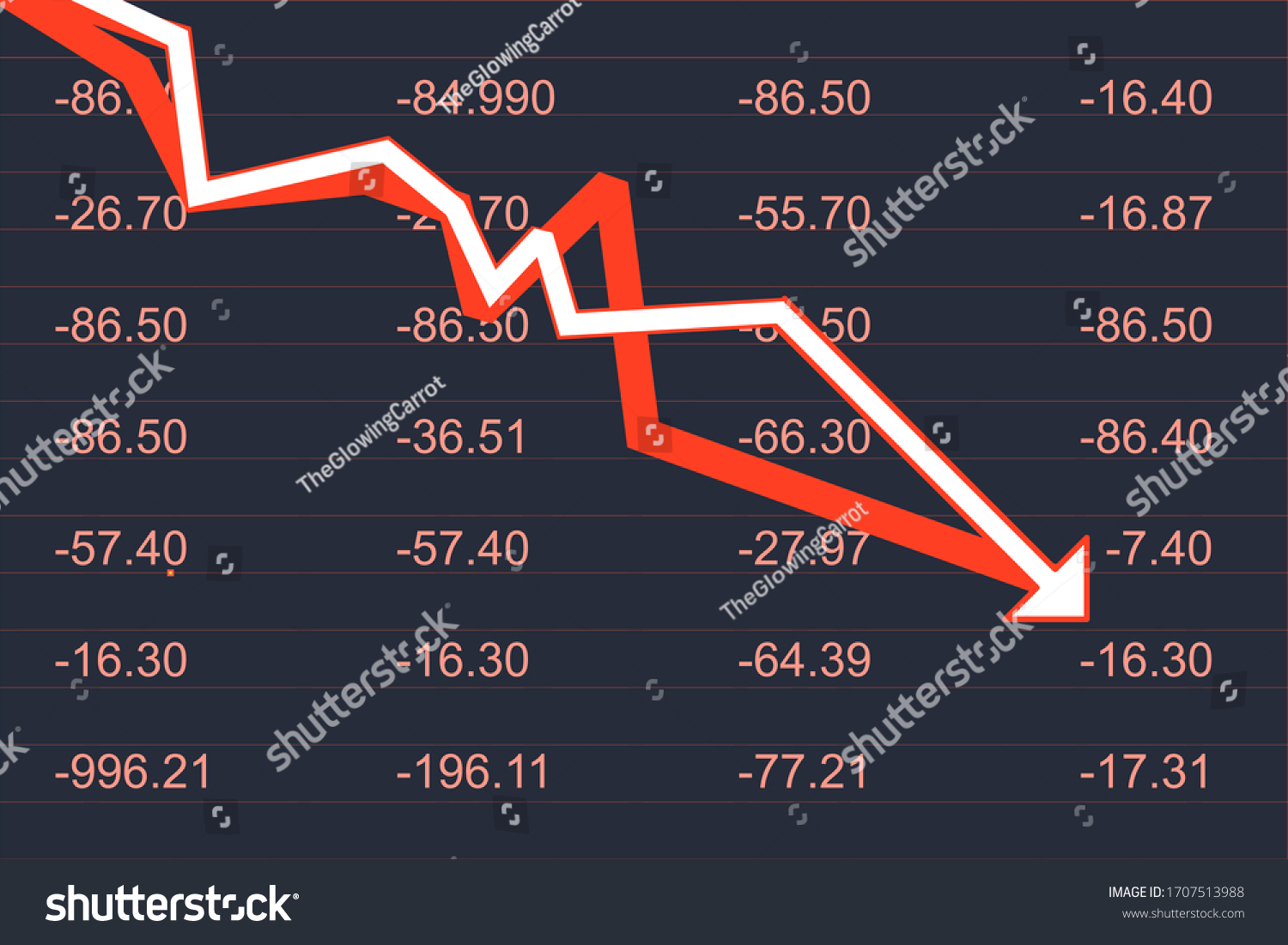 SVG of Red arrow going down in front of numbers. Concept representing stock market crash. svg