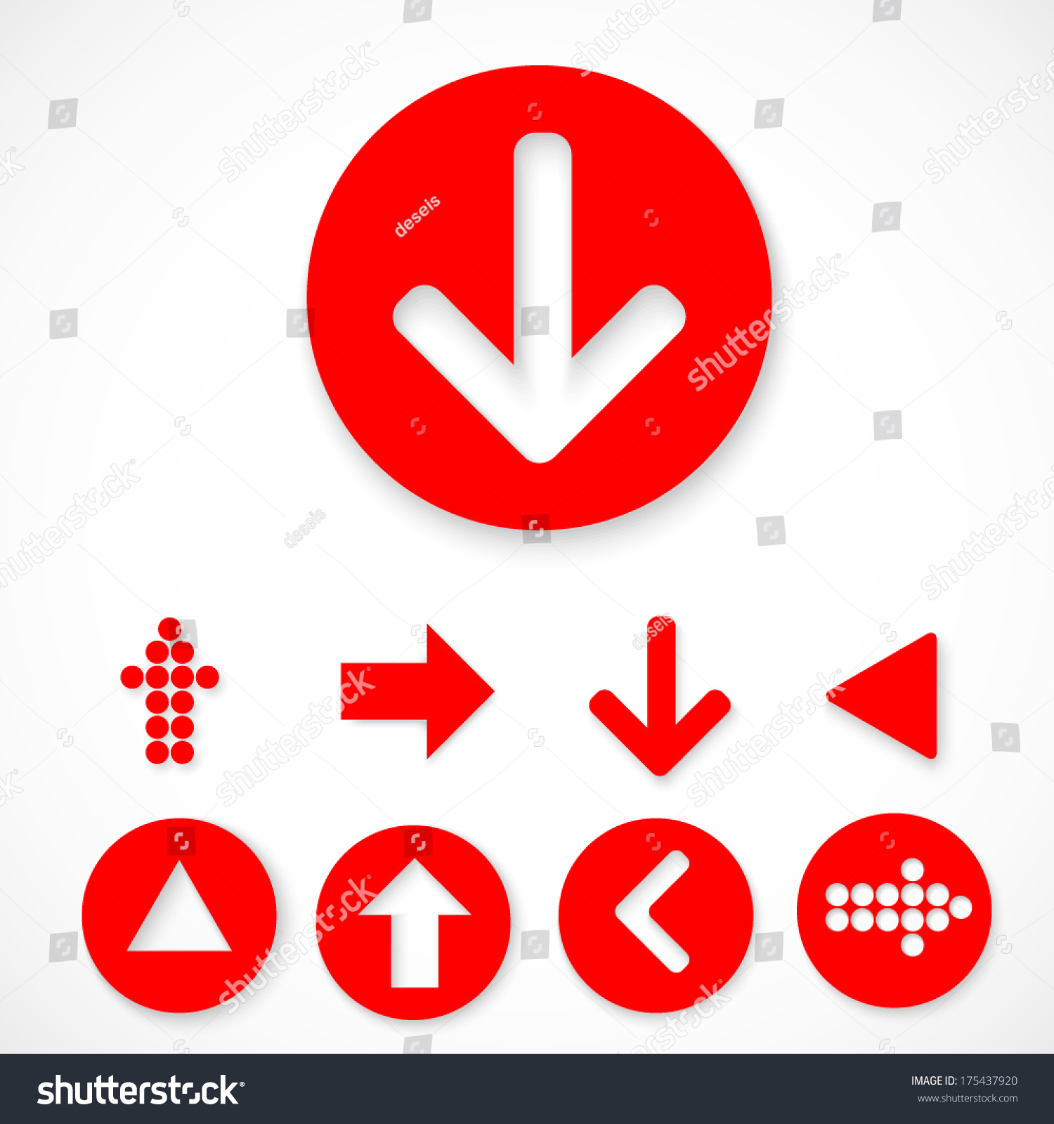 Red Arrow Sign Icon Set. Simple Circle Shape Red Internet Button On ...