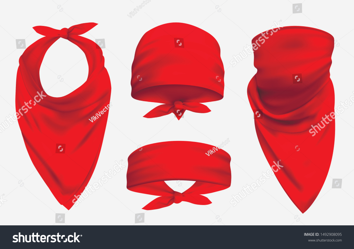 SVG of Red bandana realistic 3d accessory illustrations set. Biker and cowboy clothes for protecting face isolated on white background. Fashionable silk headband, neckerchief and forehead. Unisex clothing svg