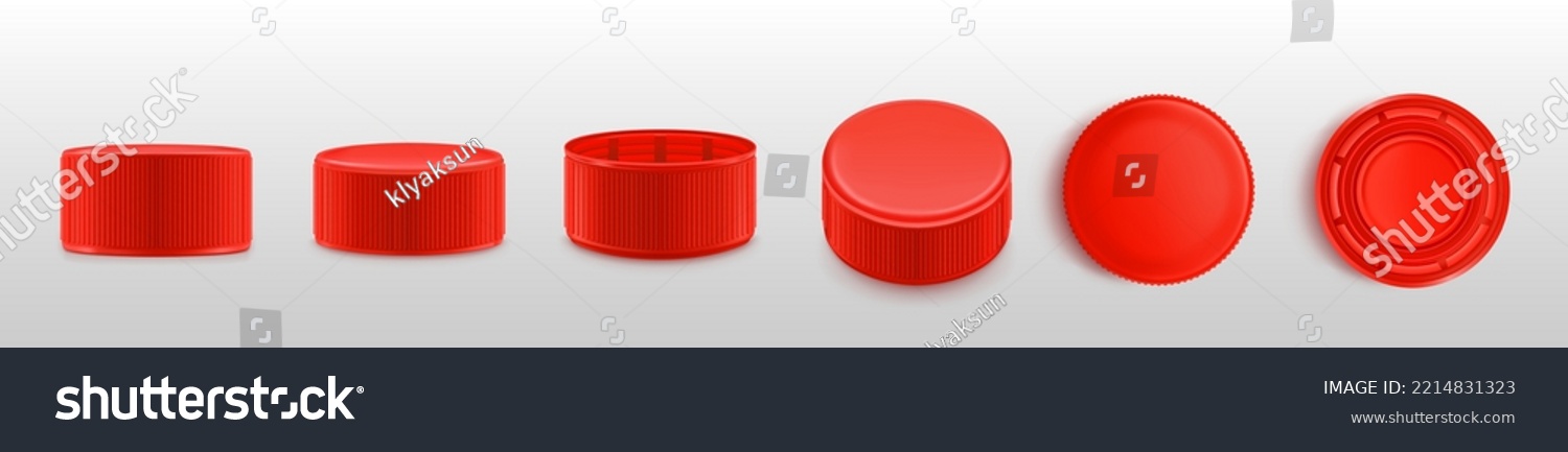 SVG of Red bottle cap, realistic plastic lids turn top, bottom and side view positions. Cover for water, beverage, drink container. Design elements isolated on white background, 3d vector illustration, set svg