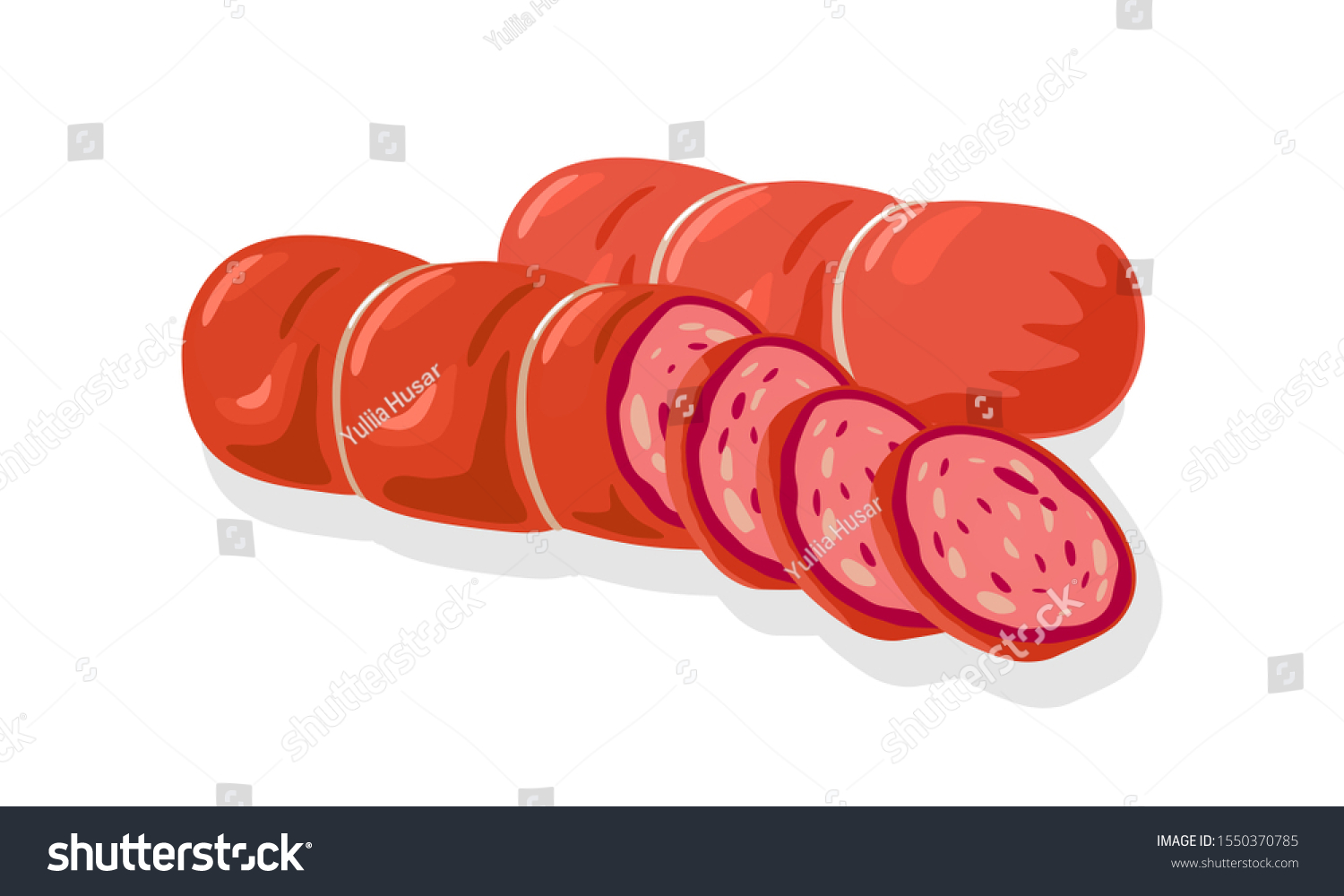 赤いサーベラット ハム ソーセージ キエルバサ サラミ モルタデラ ペペローニはサンドイッチ 肉皿に切り分けた 白い背景に肉屋や手作りの製品のベクターイラスト のベクター画像素材 ロイヤリティフリー