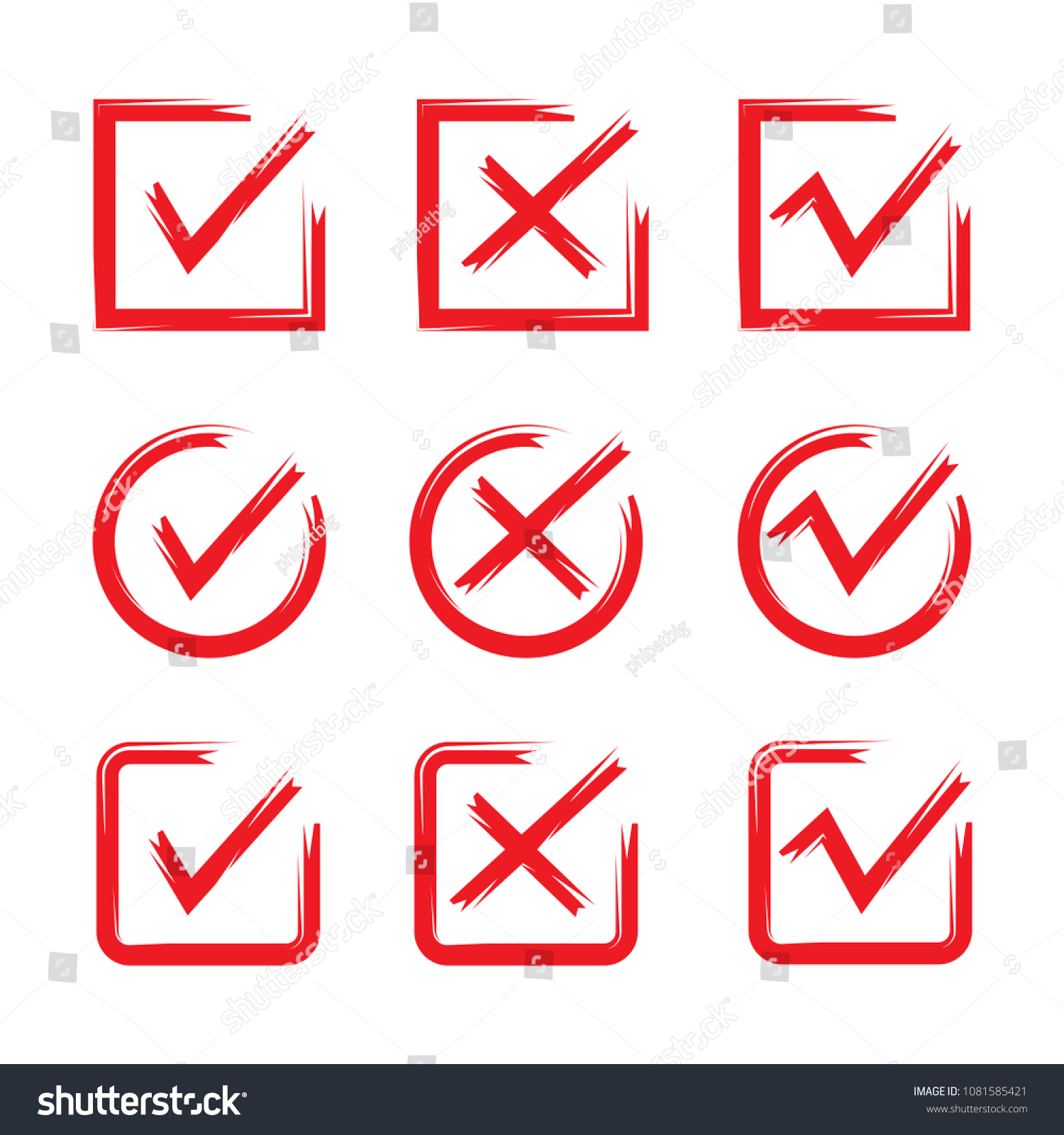 Red Check Mark Icons Hand Drawn Stock Vector Royalty Free 1081585421 3470