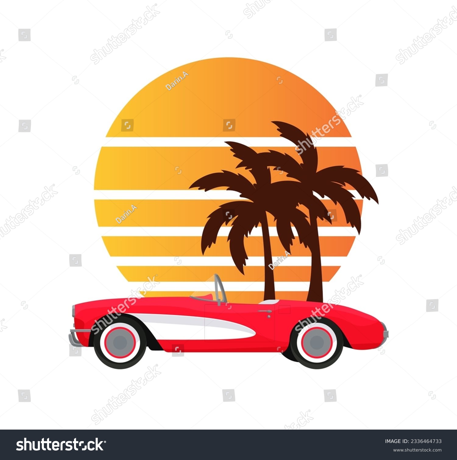 SVG of Red classic corvette car. Summer sunset with palm trees background in retro vintage style. Design print illustration, sticker, poster. Vector svg