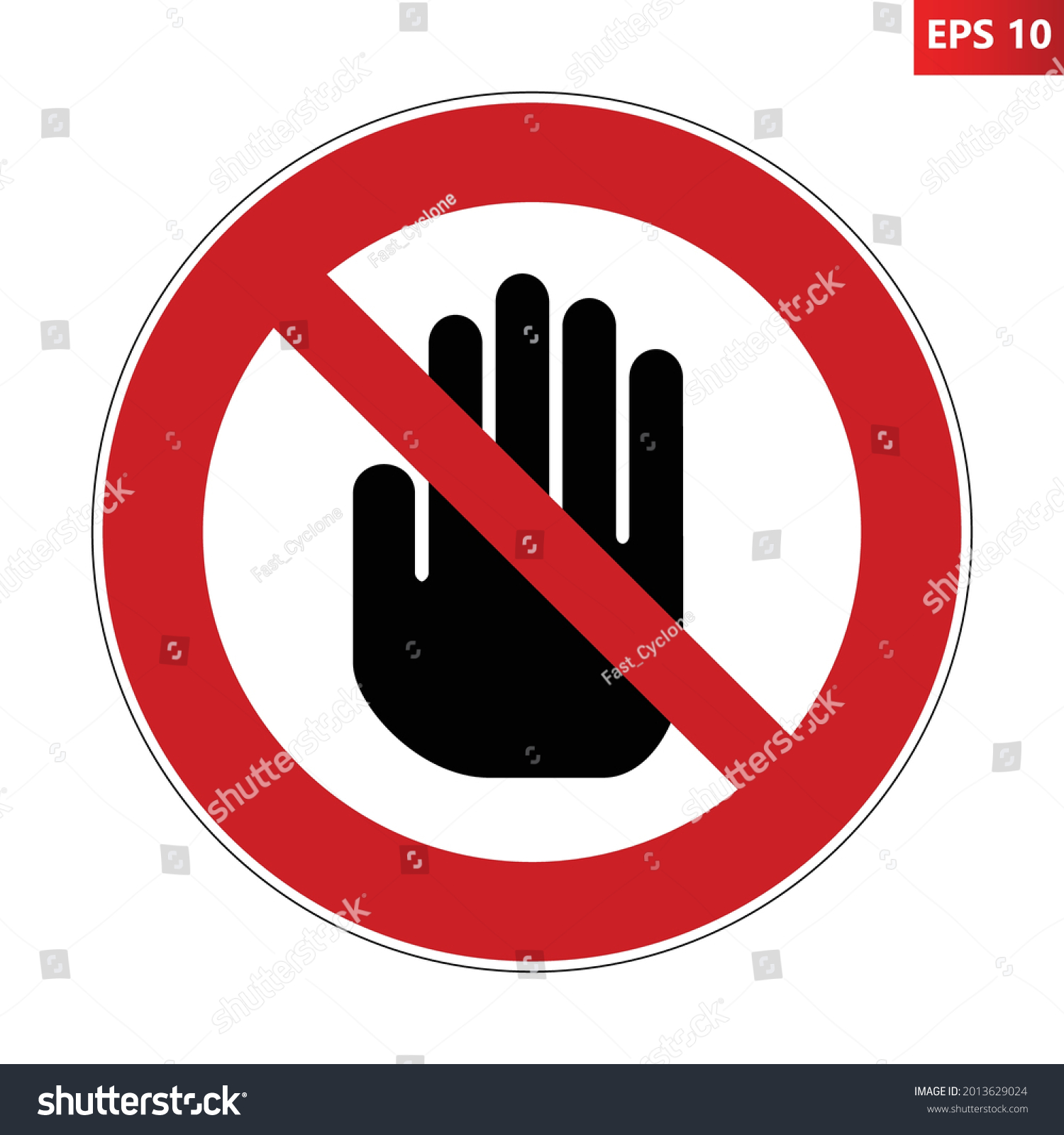 SVG of Red crossed out circle sign with big black hand icon inside. Vector illustration of prohibition traffic sign. Absolute stop symbol for any purpose. Access denied. Do not enter. svg