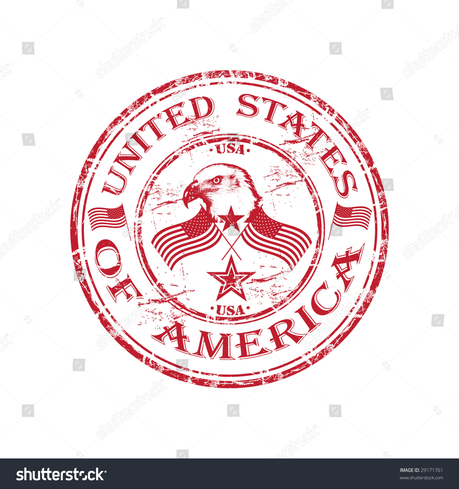 Red Grunge Rubber Stamp With Bald Eagle, U.S. Flags And The Name Of ...