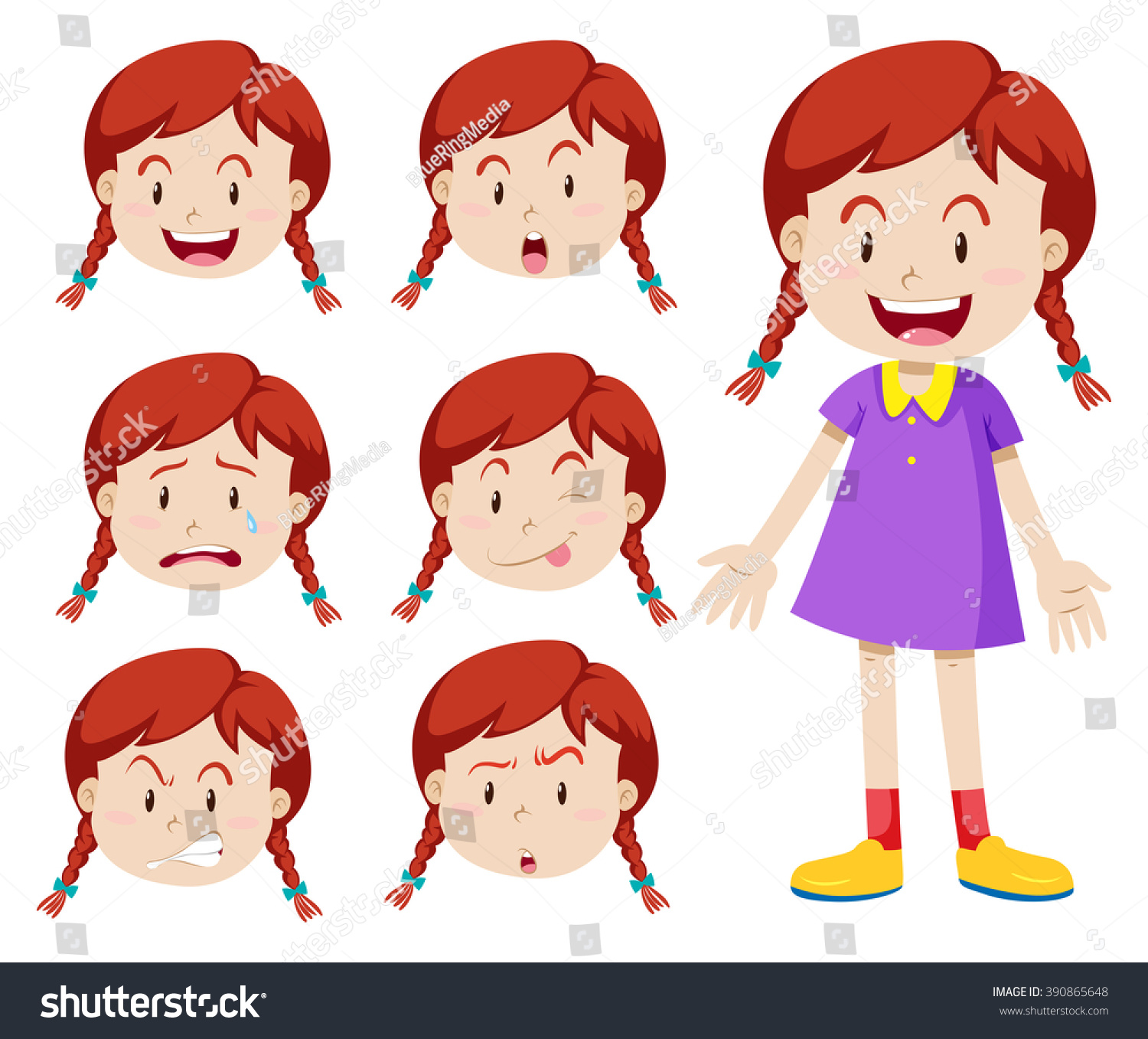 Red Hair Girl With Facial Expressions Illustration - 390865648 ...