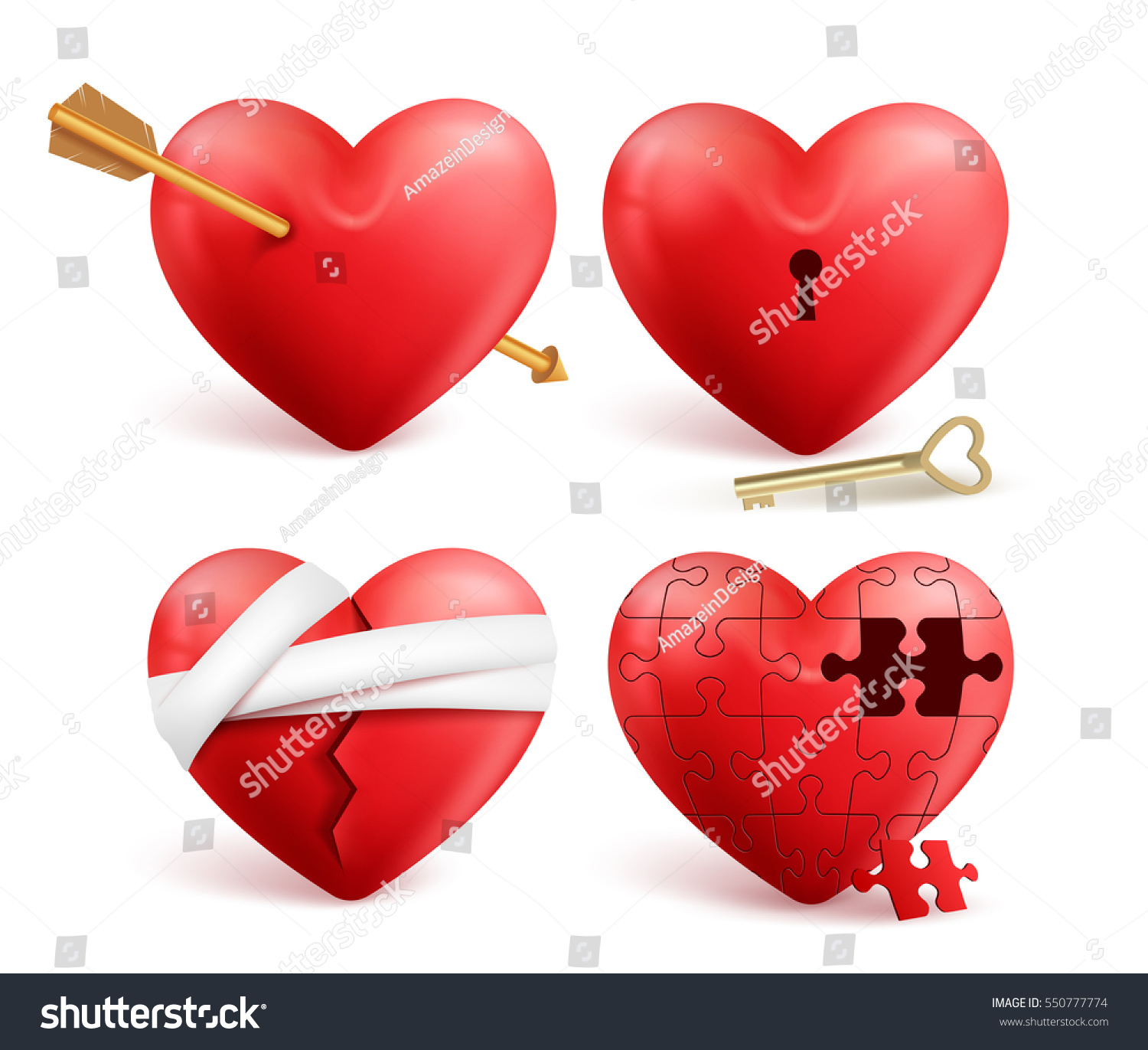 SVG of Red hearts vector 3d realistic set with arrows, key holes, puzzle and bandages for valentines day isolated in white background. Vector illustration.
 svg
