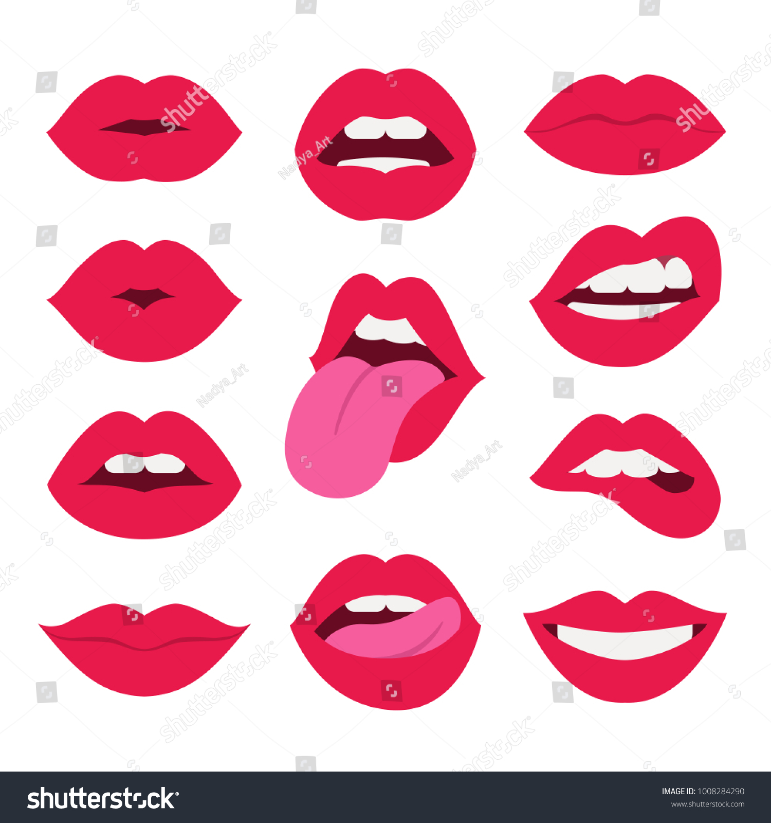 赤い唇のコレクション 笑顔 キス 口の半開き 噛む唇 唇の舐め 舌の出る様々な感情を表すセクシーな女性の平らな唇のベクターイラスト 白い背景に のベクター画像素材 ロイヤリティフリー