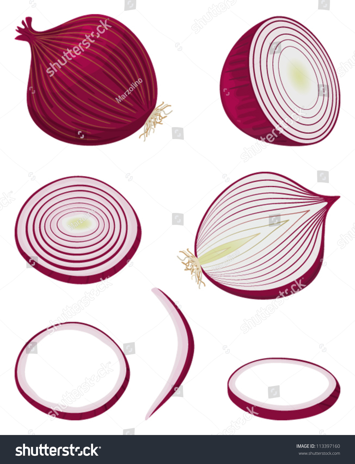 Red Onion, Entire, Halved And Sliced Stock Vector Illustration ...