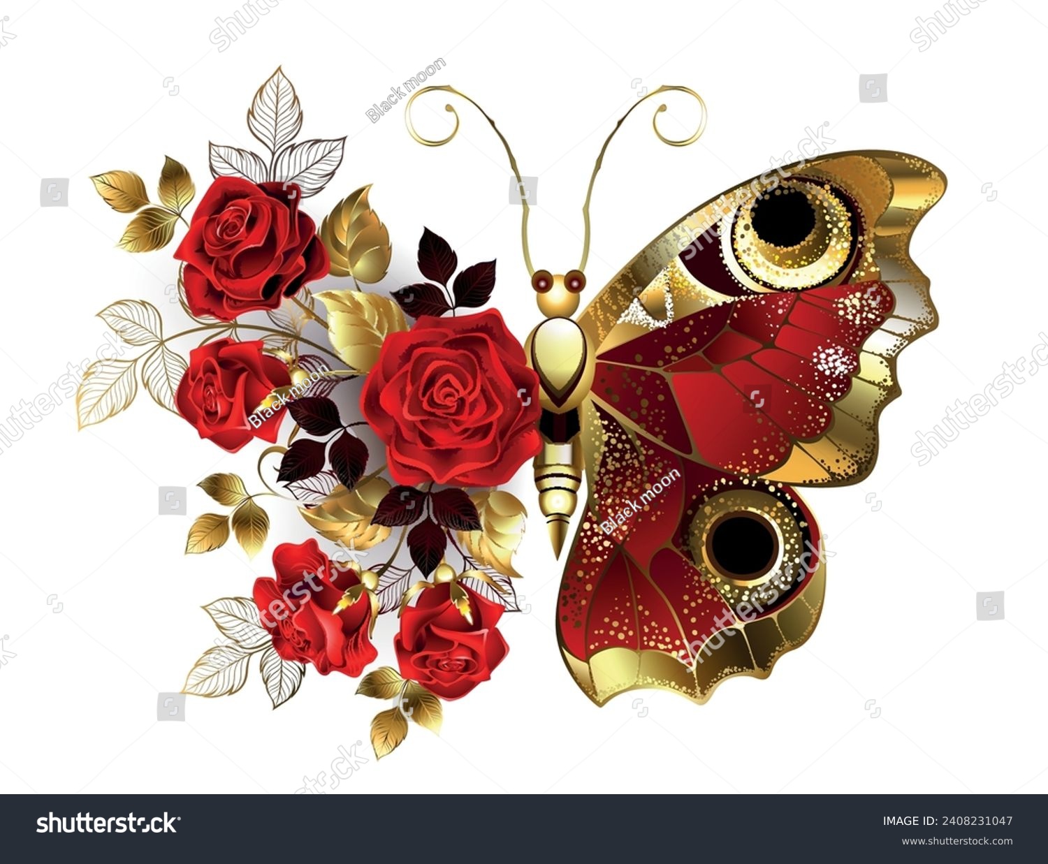 SVG of Red peacock eyed flower butterfly with red textured wing, decorated with composition of red, artistically painted roses with golden stems and leaves on white background. Hand drawn vector art. svg