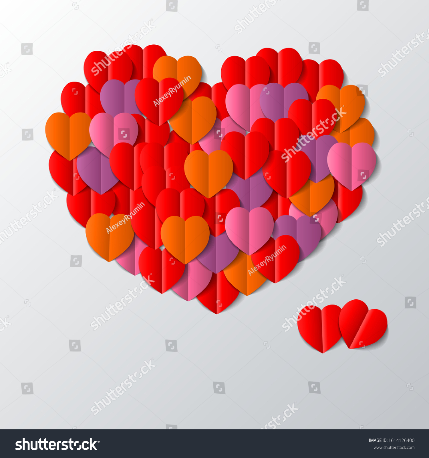 Red, pink, violet, orange paper heart cutouts in the form of heart. Good love, valentines day, mothers day banner, flyer, poster, voucher, social network post template. 