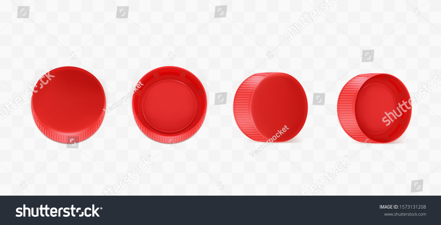 SVG of Red plastic bottle caps from different sides view. Vector realistic mockup with pet screw lids for pack of mineral water, soda, beer isolated on transparent background svg