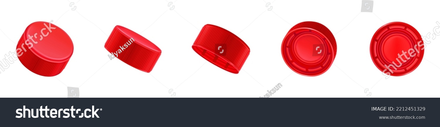 SVG of Red plastic cap for bottles with water, soda, beer or juice in different angle of views. Circle screw lid for drink containers isolated on white background, vector realistic set svg