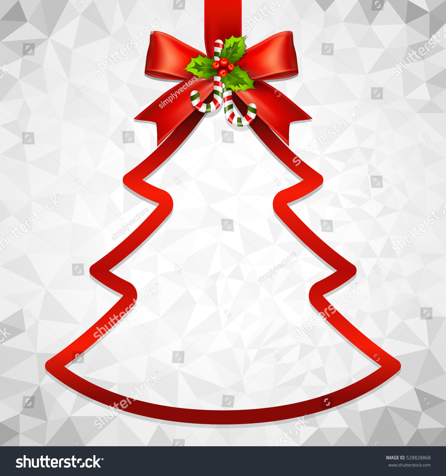 Red Ribbon Bow And Hanged Christmas Tree Frame Vector With Abstract Polygonal Background Red Ribbon Bow And Hanged Christmas Tree Frame Vector With Abstract Polygonal Background