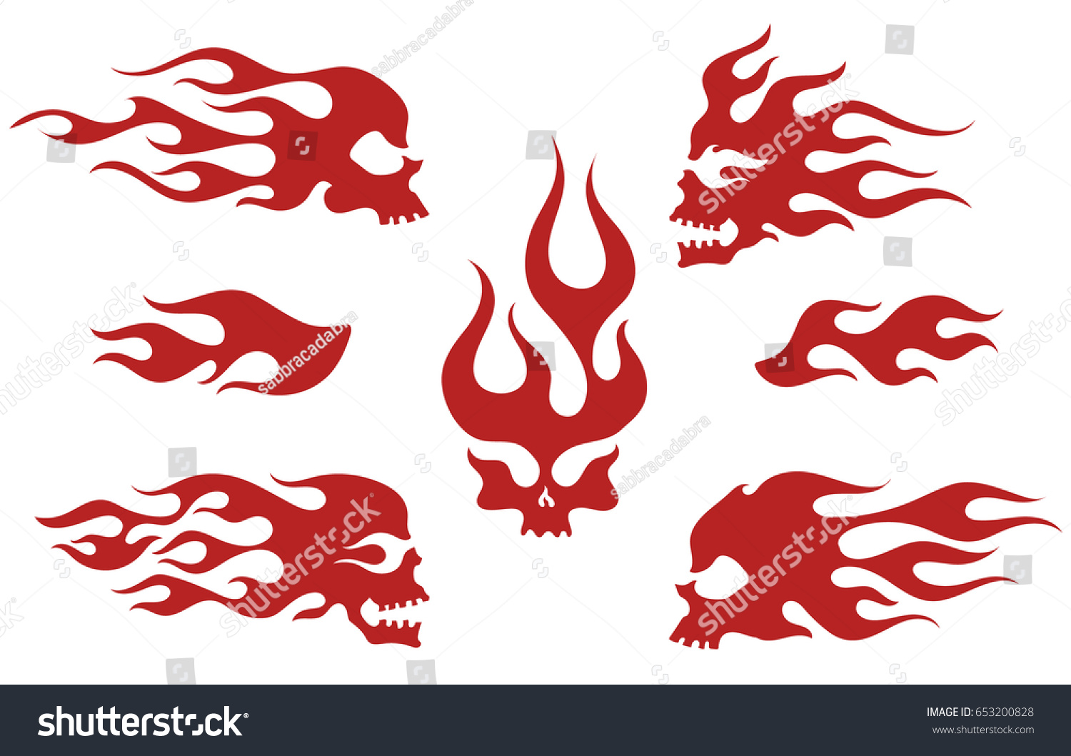 SVG of Red silhouettes of flaming skulls, emblem set, old school fire logos, isolated vector illustration svg