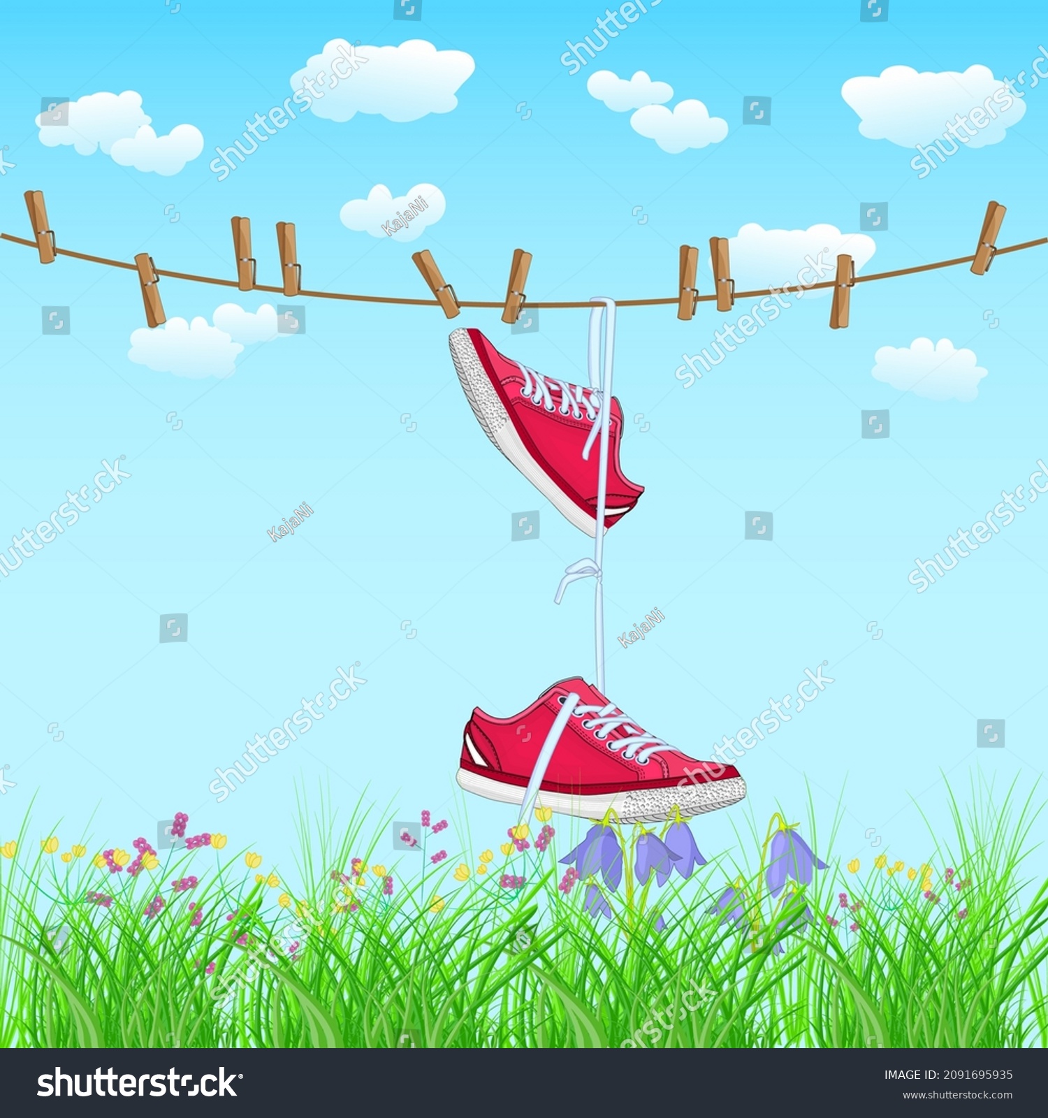 SVG of Red sneakers hanging on rope. Shoes pair with white laces drying on line. Funky footwear hang from clothesline on blue sky and meadow background. Shoe dangle on laces. Stock vector illustration svg