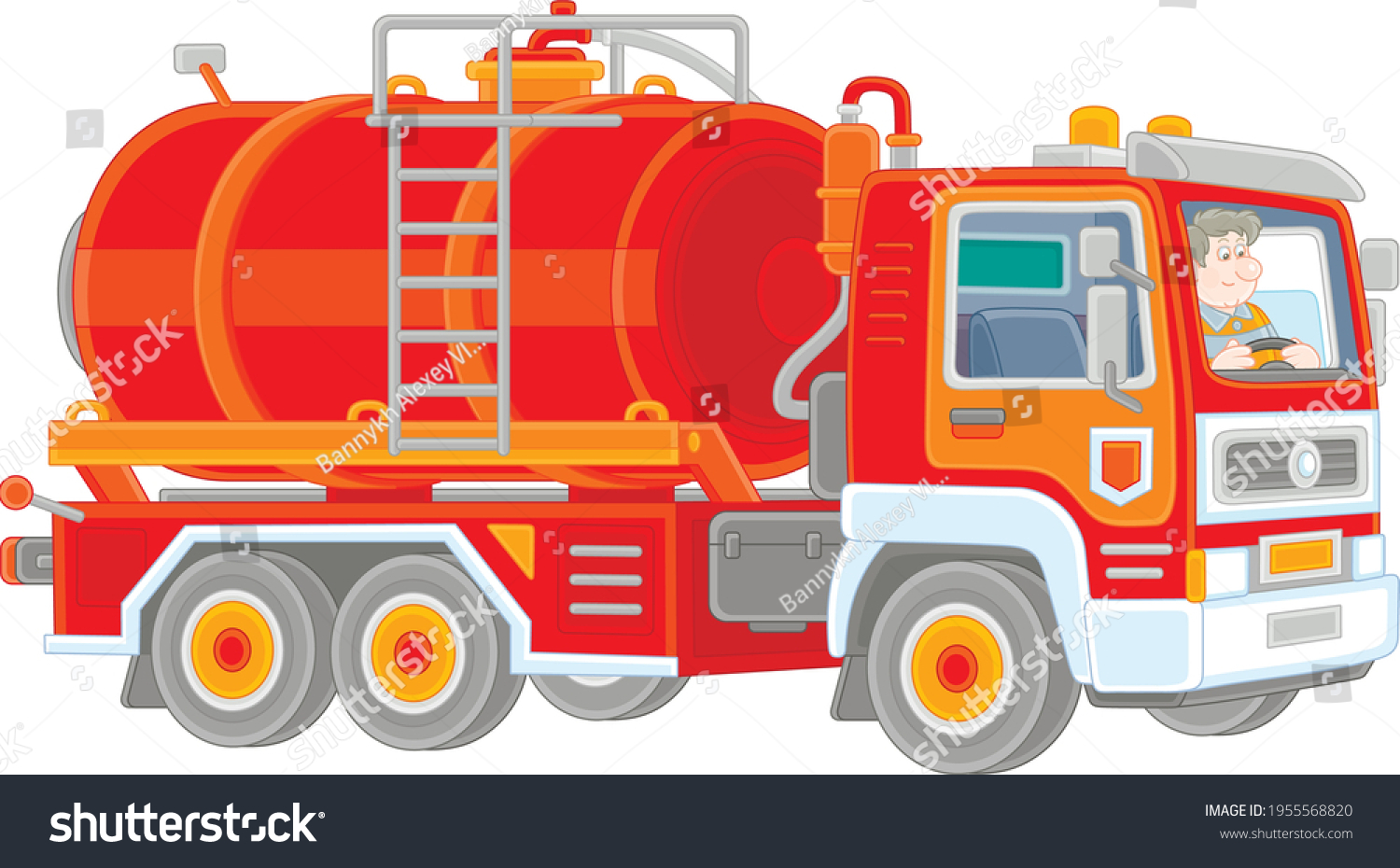 SVG of Red toy gasoline auto tanker with a funny driver in service uniform, vector cartoon illustration isolated on a white background svg