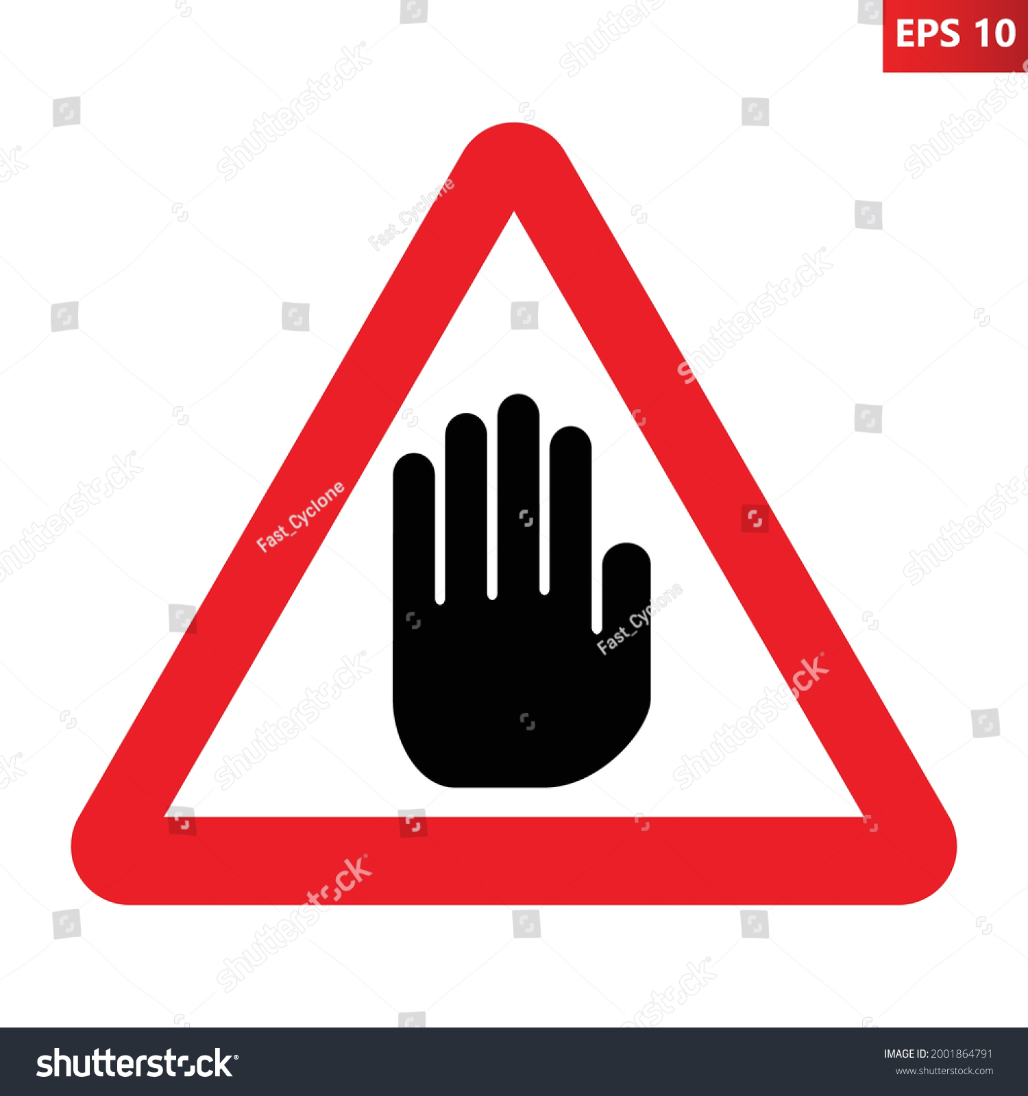 SVG of Red triangle sign with big black hand icon inside. Vector illustration of warning traffic sign. Absolute stop symbol for any purpose. Access denied. Do not enter. Caution. svg