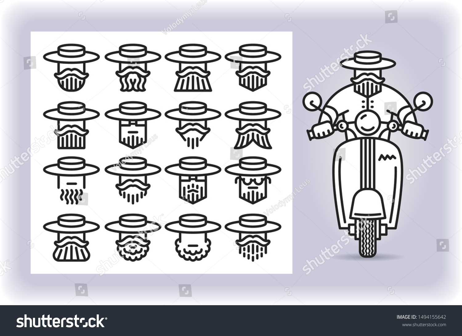 SVG of Redactable picture of person with mustache and beard wearing a amish hat that riding by scooter and set of sixteen replaceable icons of that driver heads isolated on white. Emoji and avatars. svg