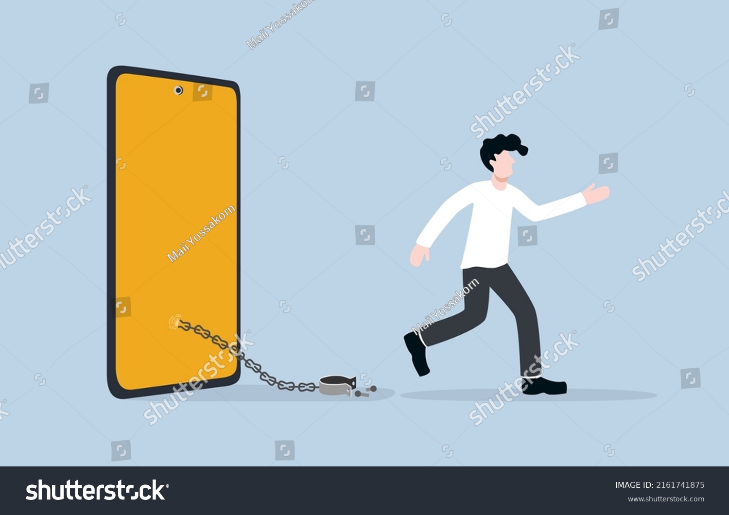 SVG of Reducing screen time for better health, balancing between virtual life and social life for wellbeing, overcoming social media addiction concept. Man stepping out of mobile phone after unlocking chain. svg