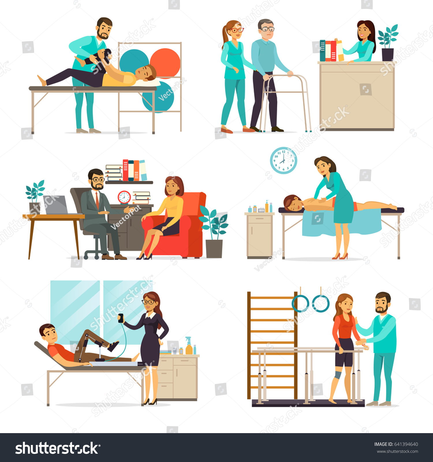 SVG of Rehabilitation and therapy set with people doing different psychological and physical exercises after injuries isolated vector illustration svg