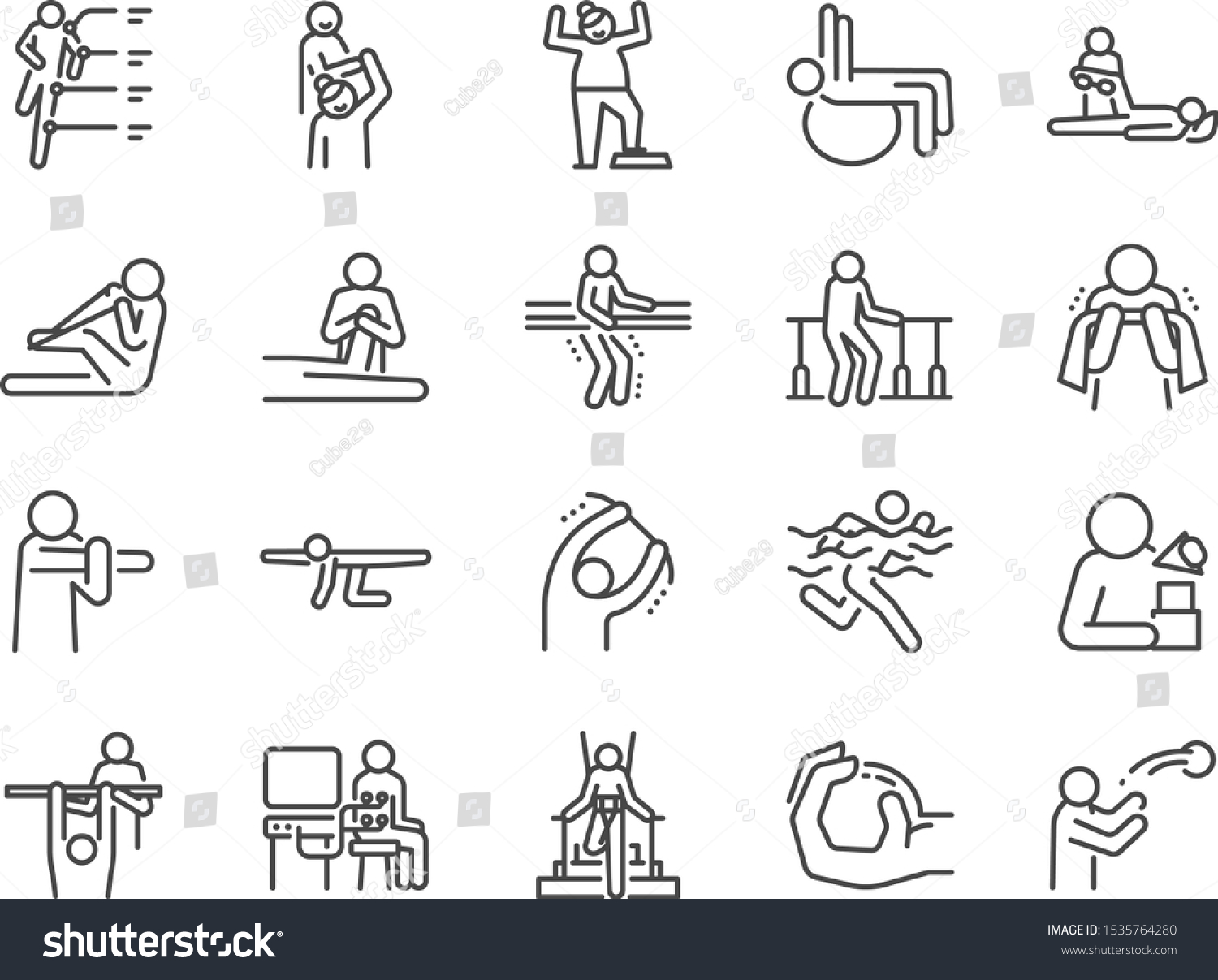 SVG of Rehabilitation line icon set. Included icons as recovery, Physical therapy, Nursing Home, therapist, hospital, physiology and more. svg