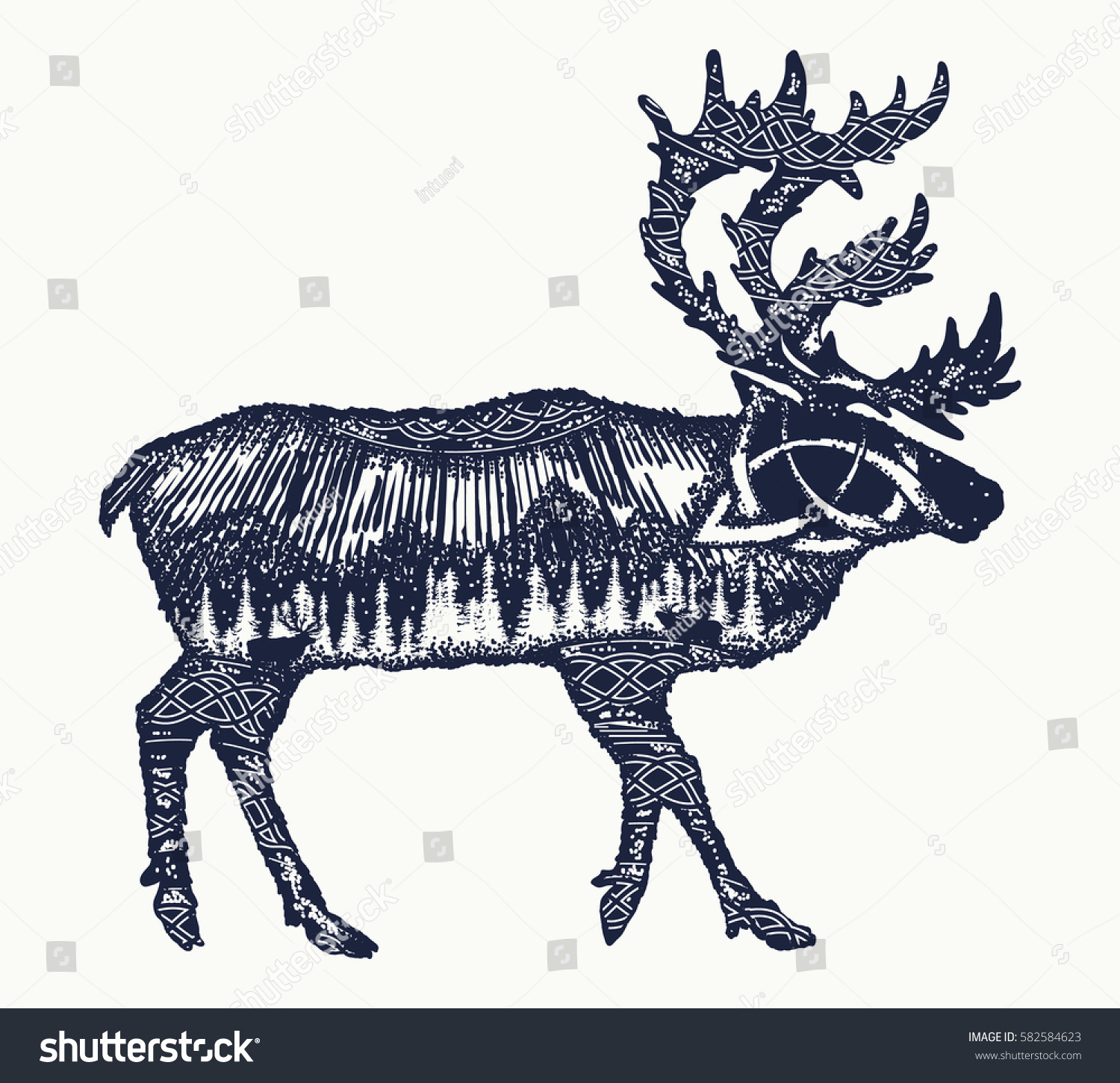 Vektor Stok Reindeer Tattoo Art Symbol Tourism Travel Tanpa Royalti 582584623