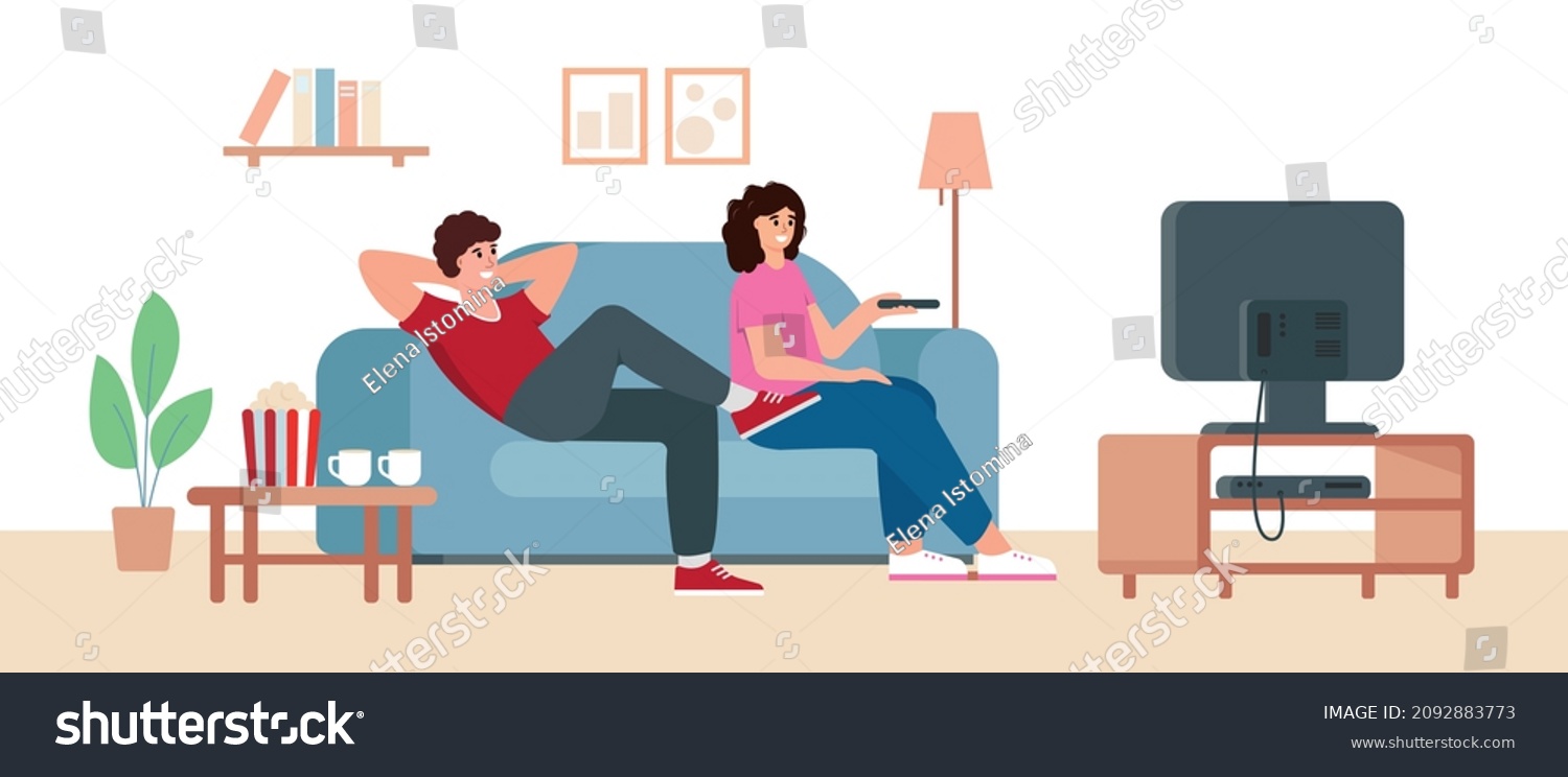 SVG of Relaxed young man and woman couple sitting on sofa and watching TV. Merried people resting at home after work or study with popcorn and television. Flat or cartoon vector illustration. svg