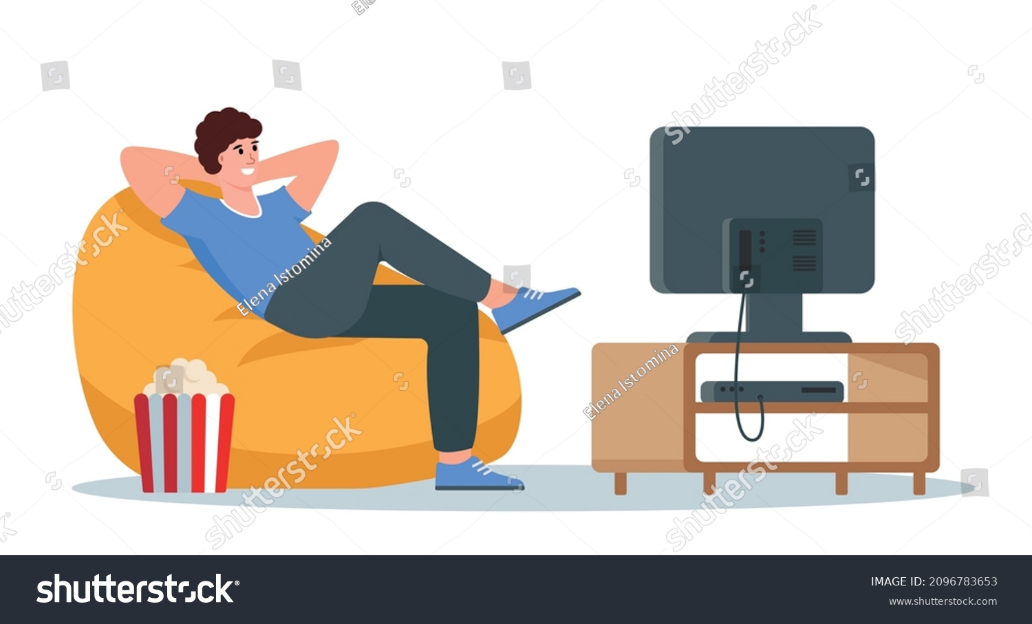SVG of Relaxed young man sitting on armchair and watching TV. Male character resting on bean bag after work with popcorn and television. Flat or cartoon vector illustration. svg