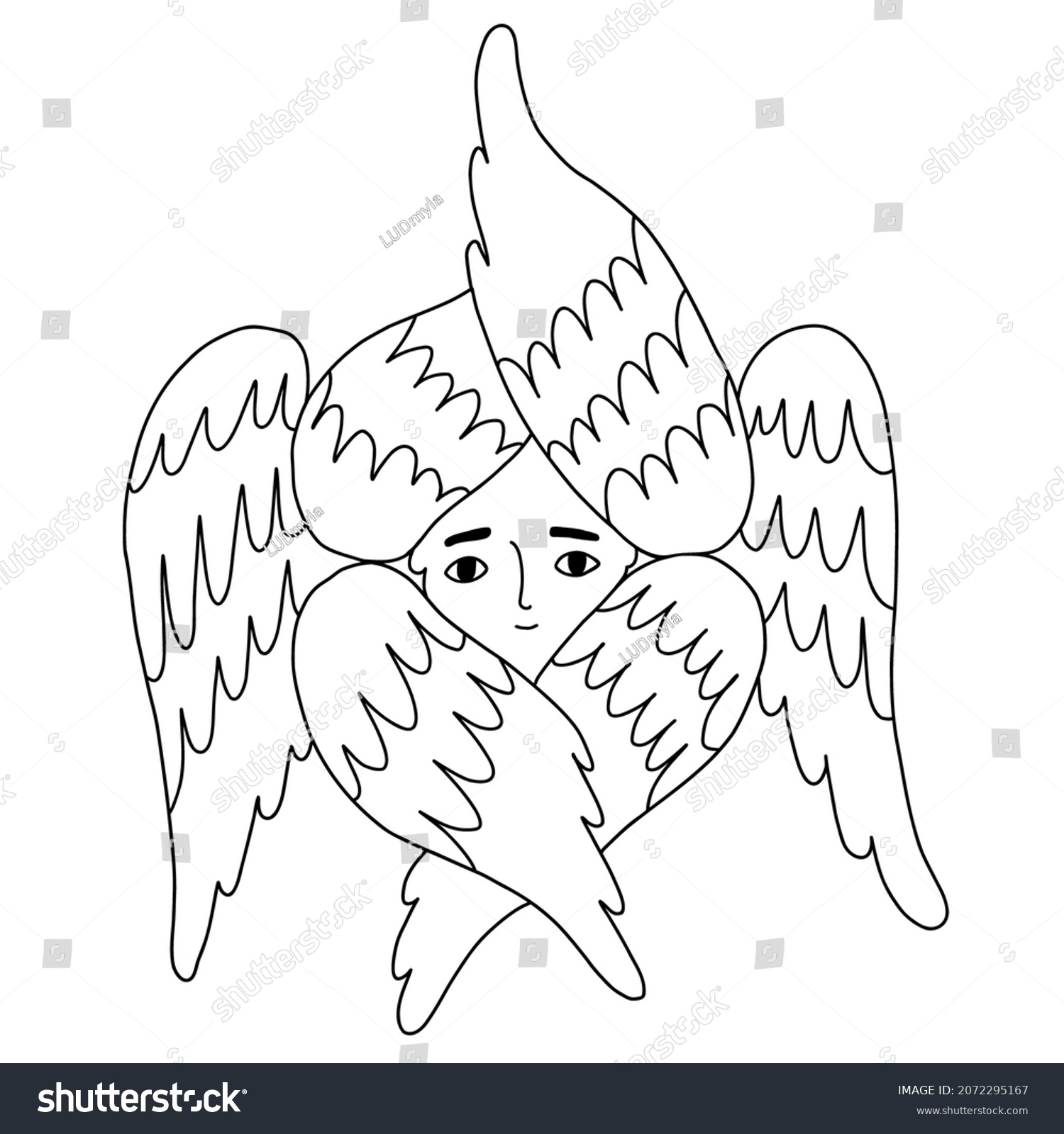 SVG of Religious outline symbol six winged Angel cherub and Seraph. Vector illustration. Line drawing. heavenly character For design and decoration of religious concepts svg