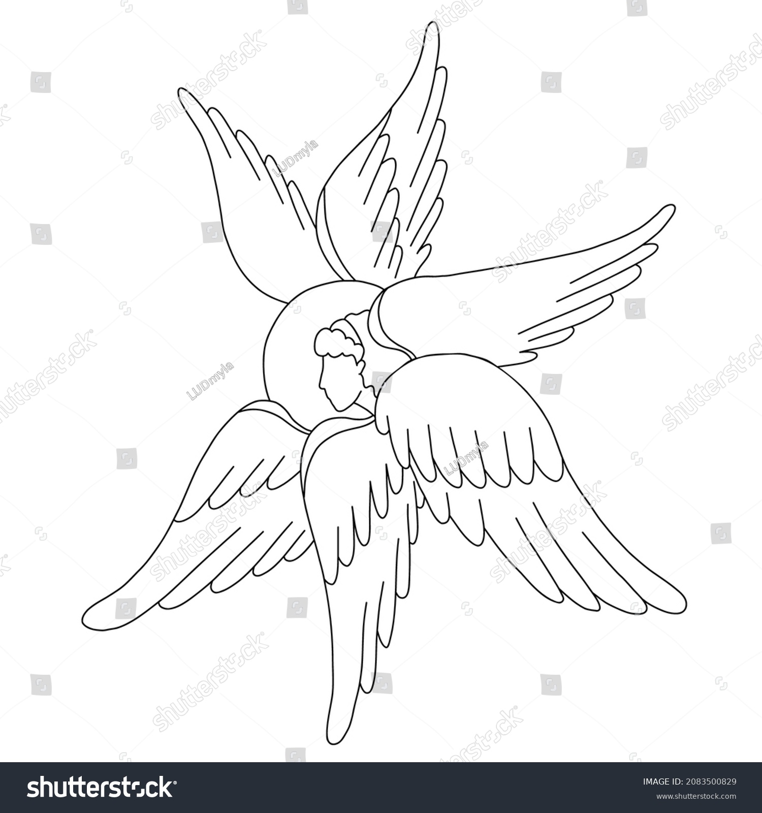 SVG of Religious symbol six winged Angel cherub. Vector illustration. Line drawing outline. heavenly character For design and decoration of religious concepts svg