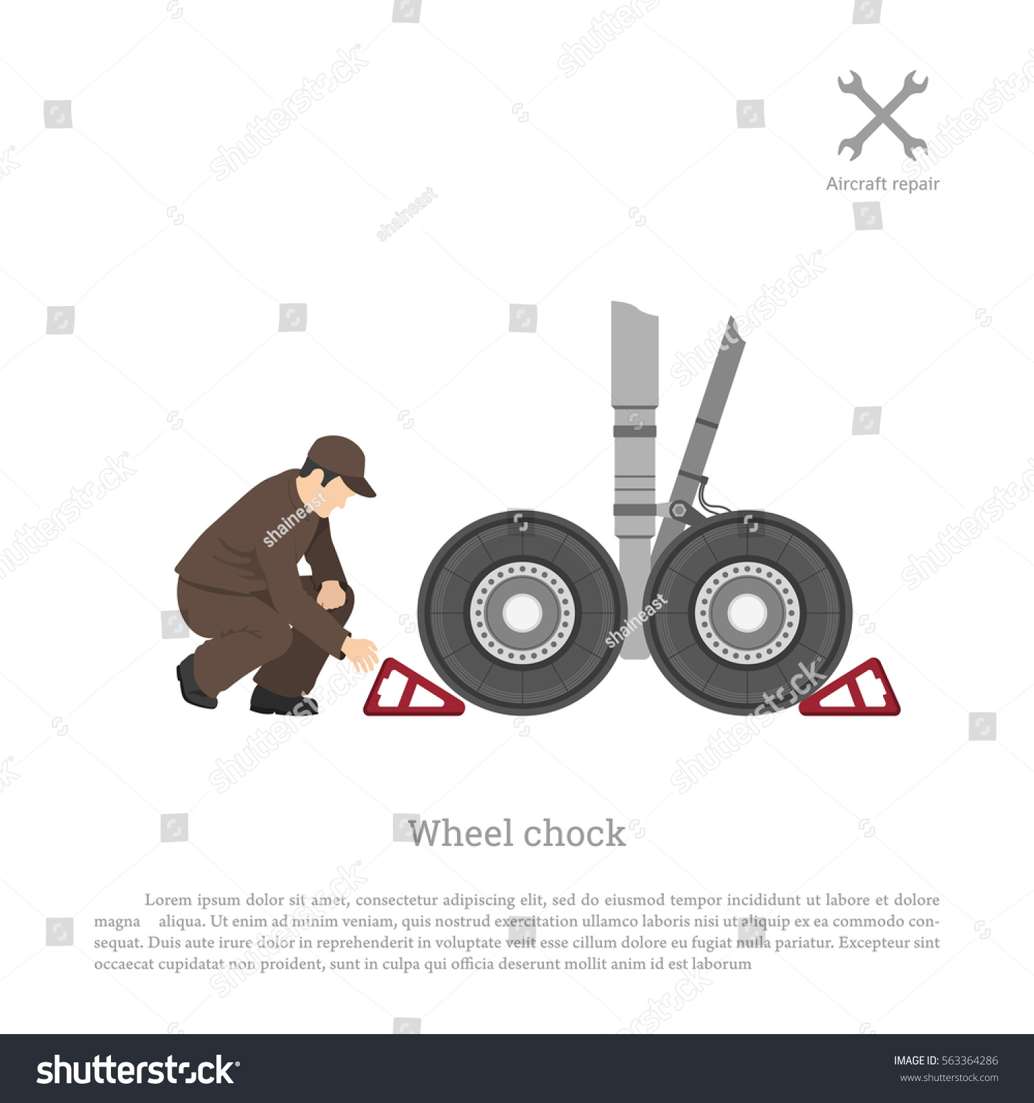 SVG of Repair and maintenance of aircraft. The mechanic puts a wheel chock for airplane. Vector illustration. svg
