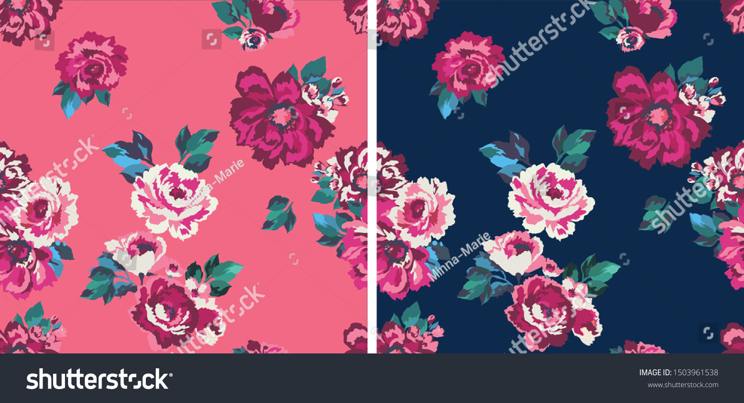 SVG of Repeatable floral pattern consisting of colorful roses on pink and blue background. svg