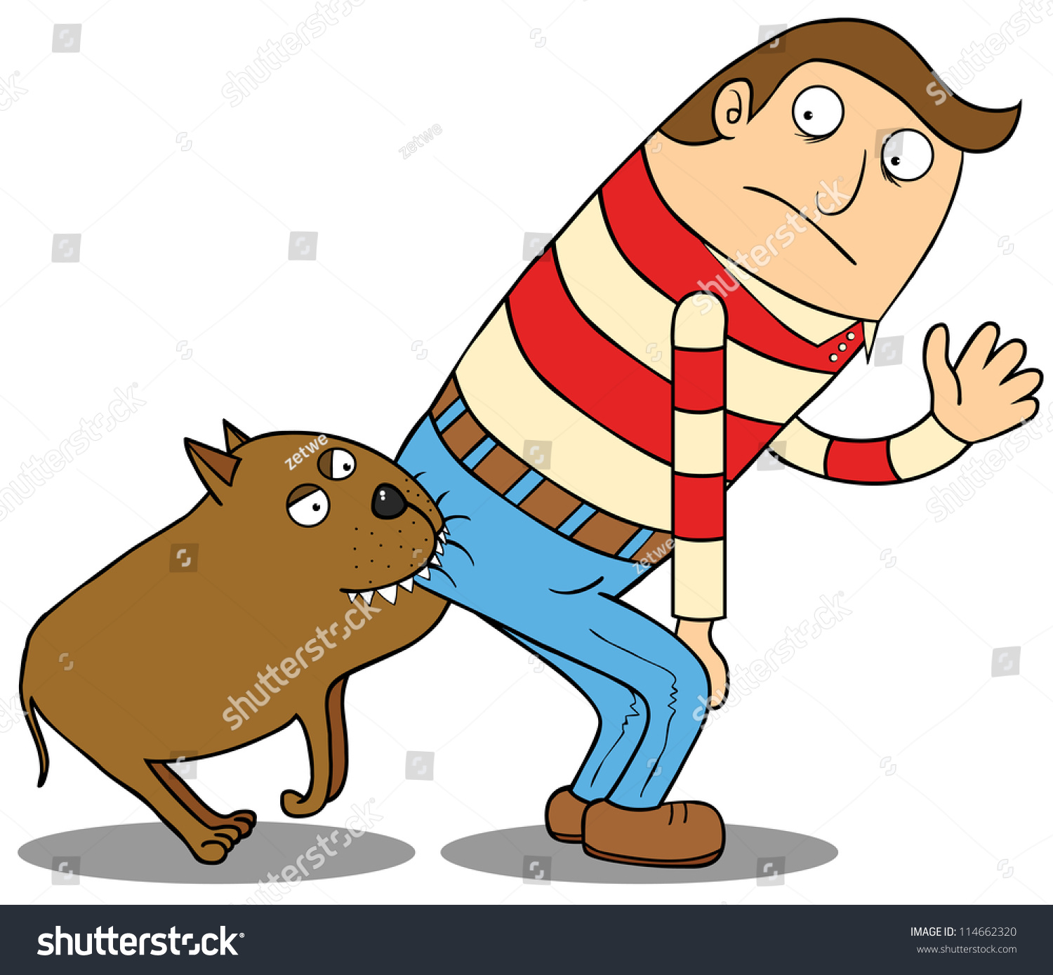Represent a dog biting a man butt.