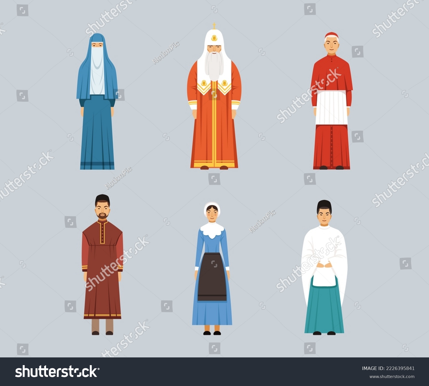 SVG of Representatives of religious confession set. Catholic Cardinal, Orthodox Patriarch, Mennonite or Amish woman vector illustration svg