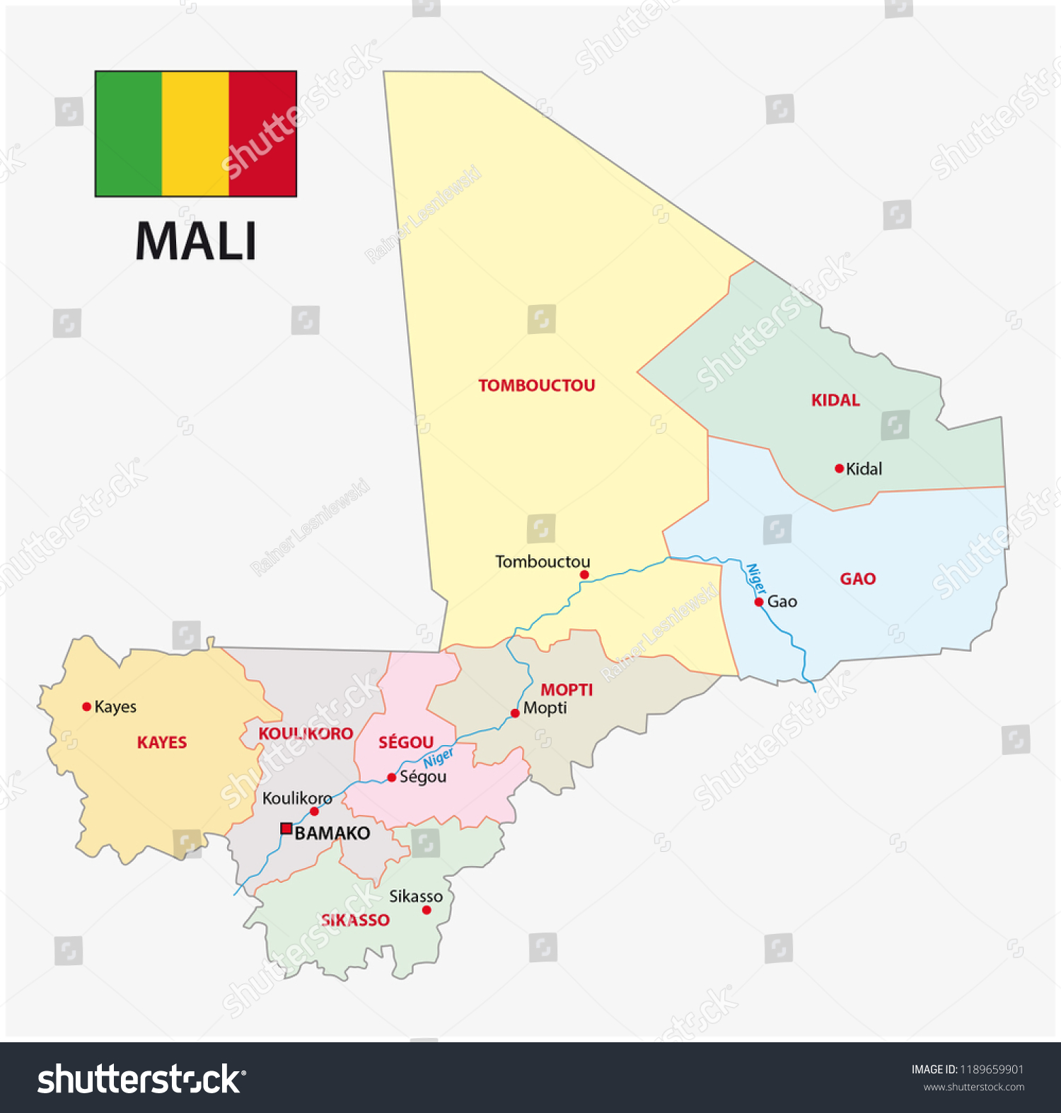 Republic Mali Administrative Political Vector Map Stock Vector Royalty