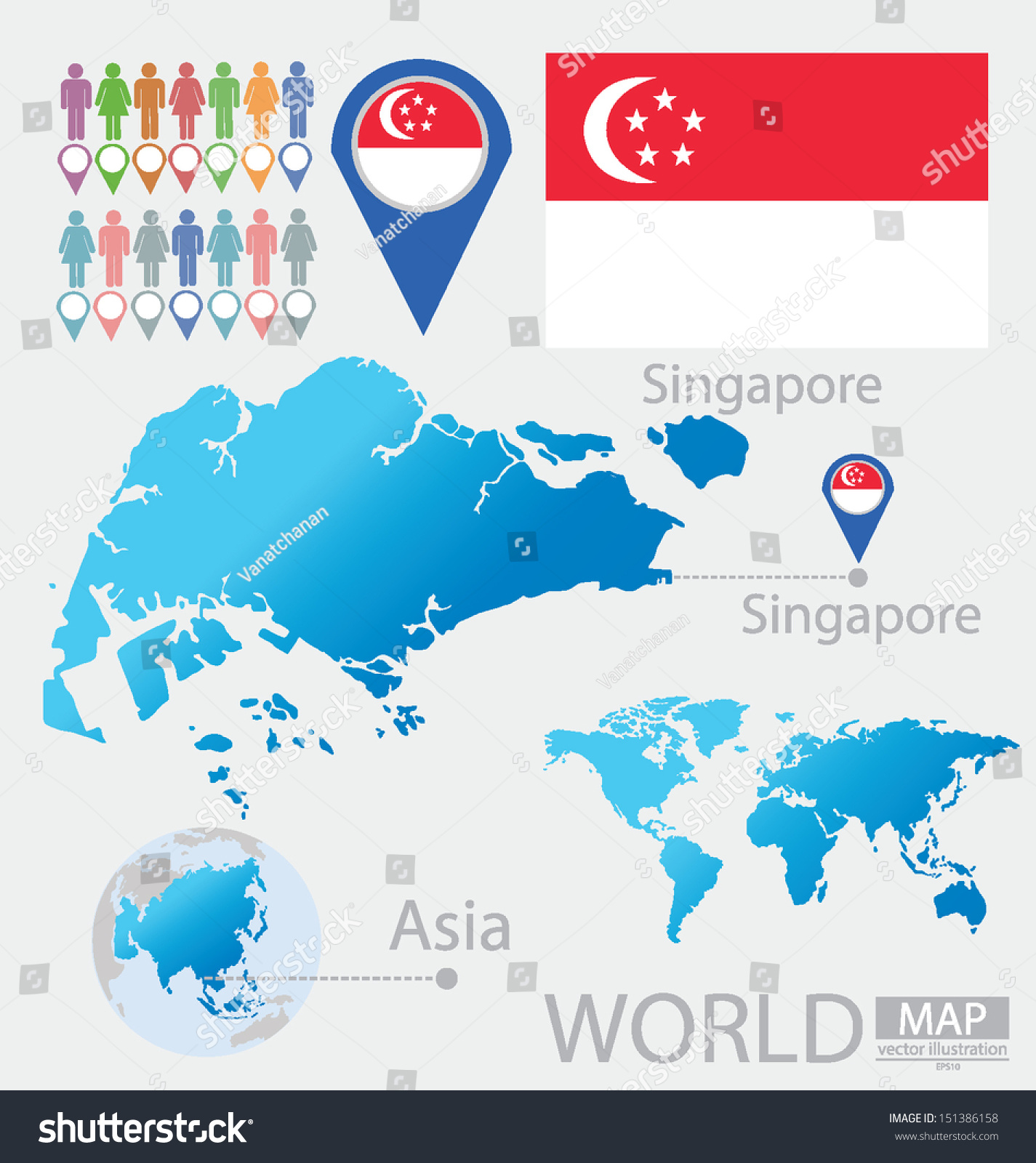 Republic Singapore Flag Asia World Map Stock Vector 151386158 ...