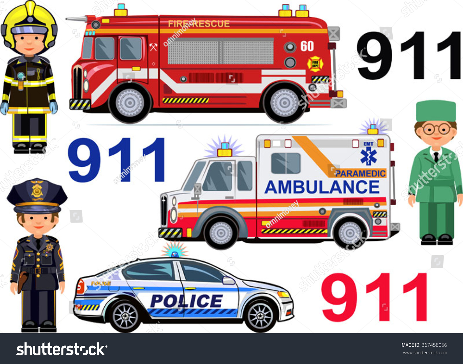 Rescue Vehicles Fire Engine Ambulance Police Stock Vector 367458056