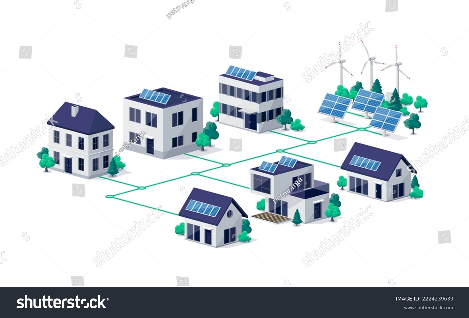 SVG of Residential city town buildings connected to renewable solar wind power generation stations. Photovoltaic panels on house roof. Green smart cloud management sustainable electricity grid system.  svg