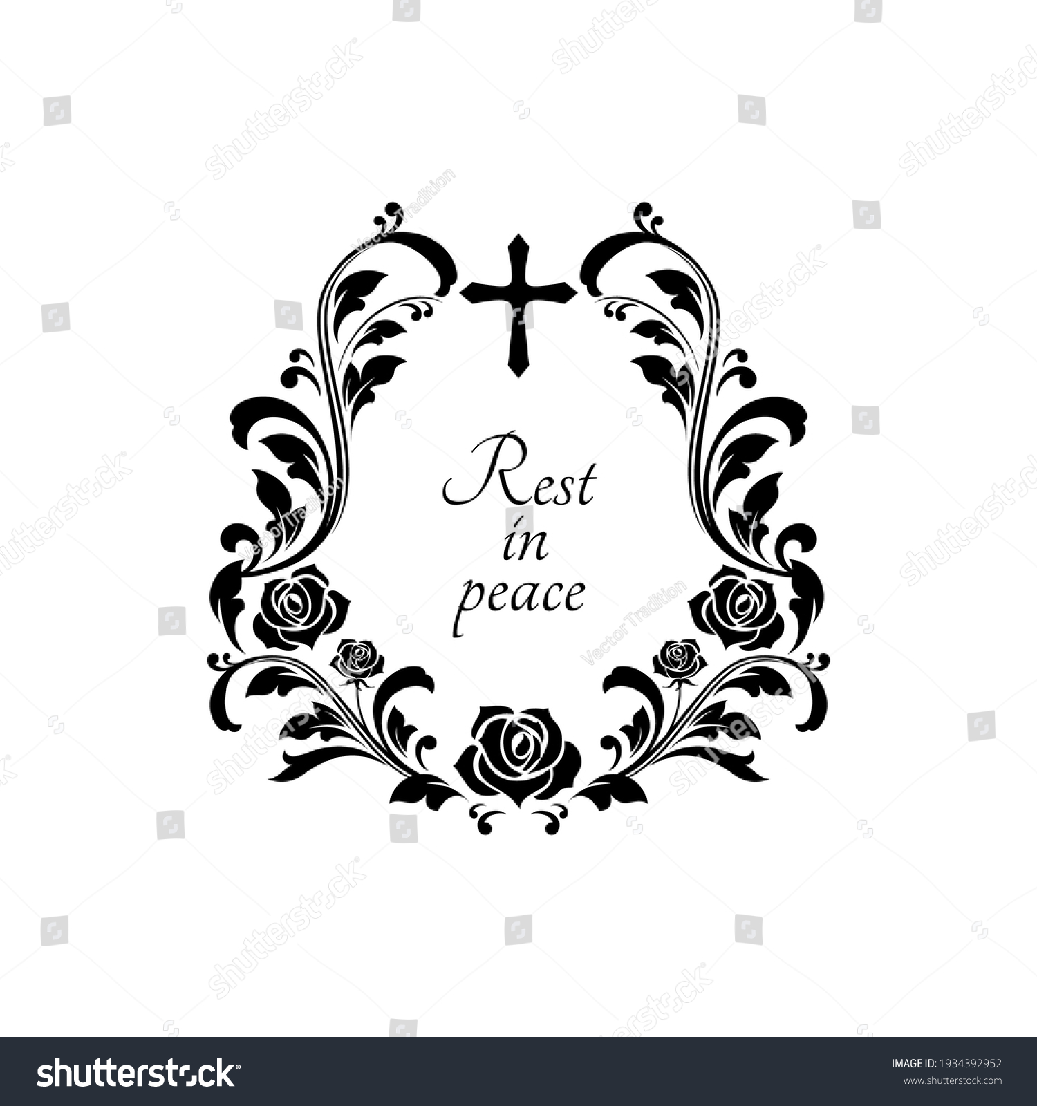 SVG of Rest in peace grief with crucifix cross, floral ornament with flowers and leaves isolated funeral lettering. Vector condolence message on gravestone, obituary memorial border frame, text on tombstone svg