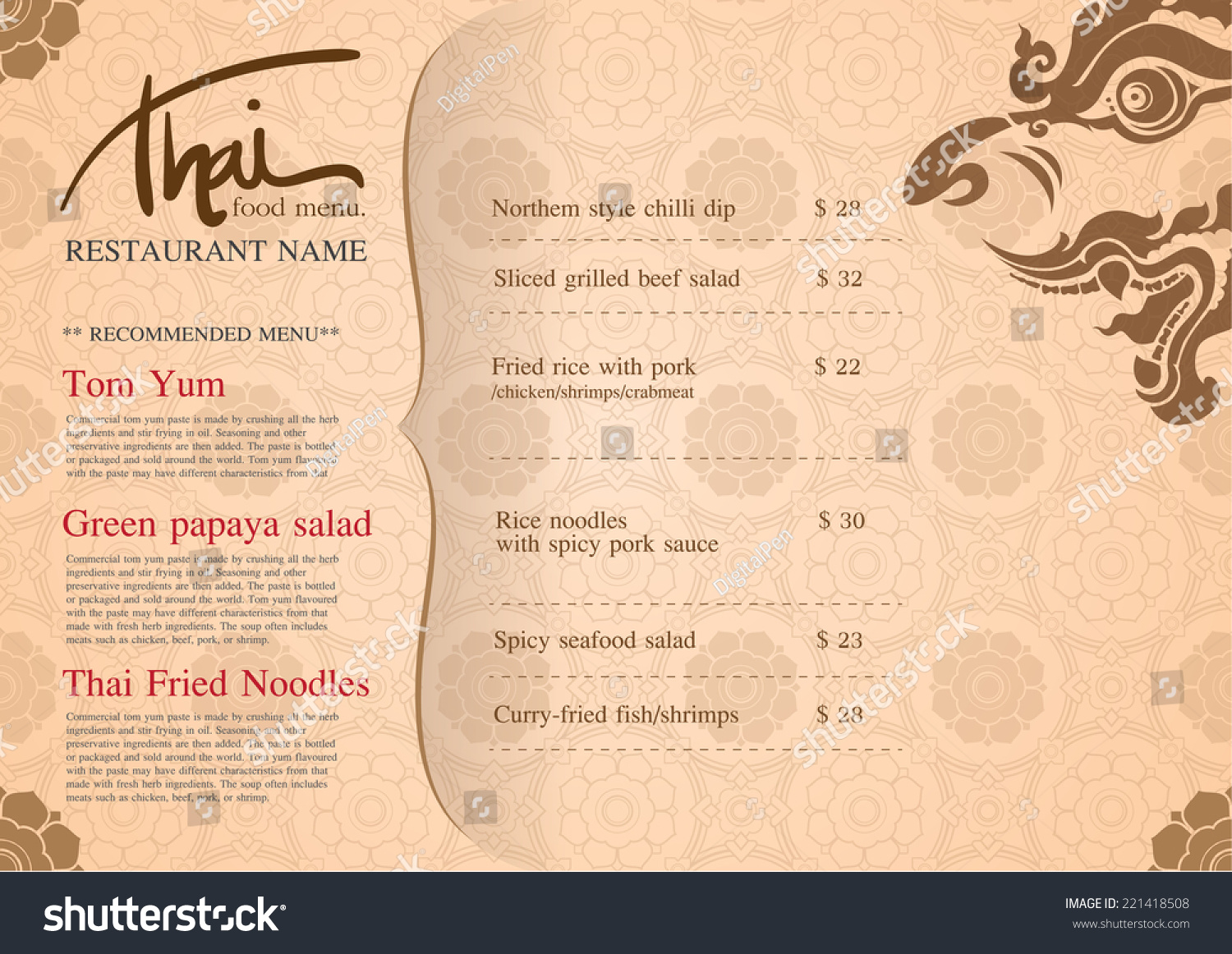 Restaurant Menu Design. Thai Art Stock Vector 221418508 : Shutterstock