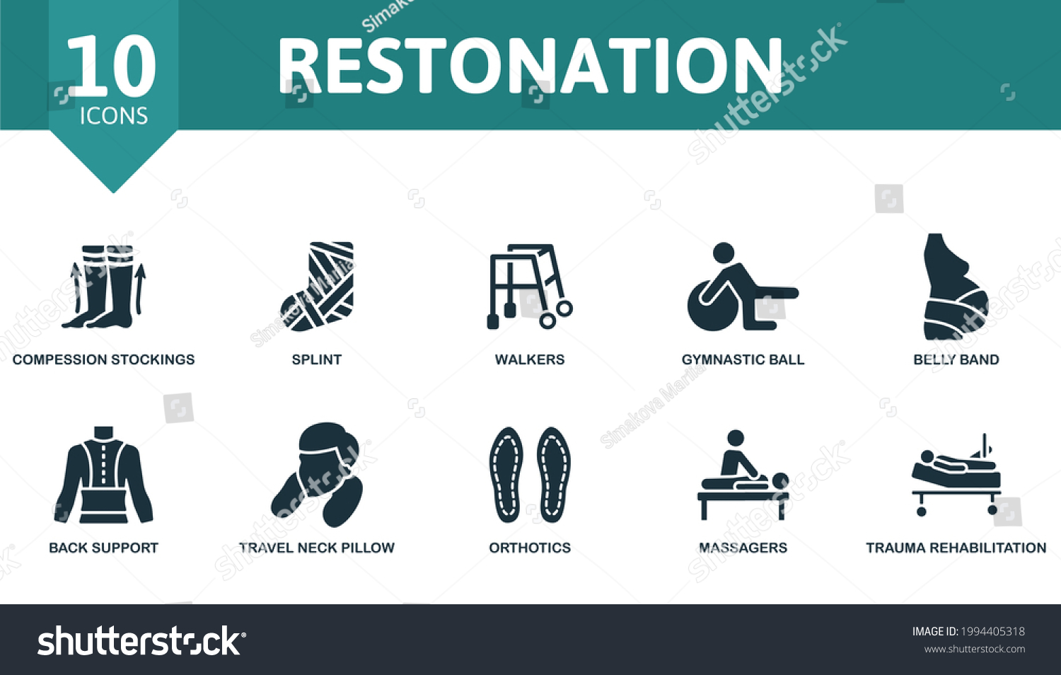 SVG of Restonation icon set. Contains editable icons trauma rehabilitation theme such as compression stockings, walkers, belly band and more. svg