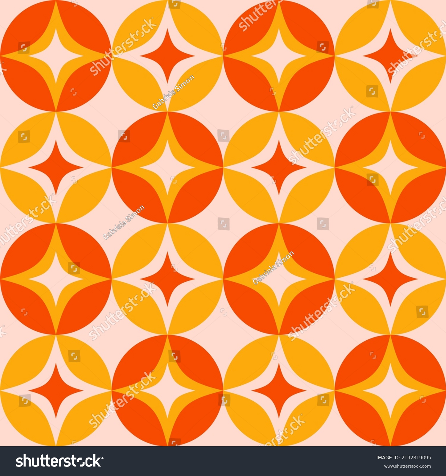 SVG of Retro Atomic Age Style Pattern Design With Stars And Circles. Orange And Red Retro Mid Century Modern Geometric Seamless Pattern. svg