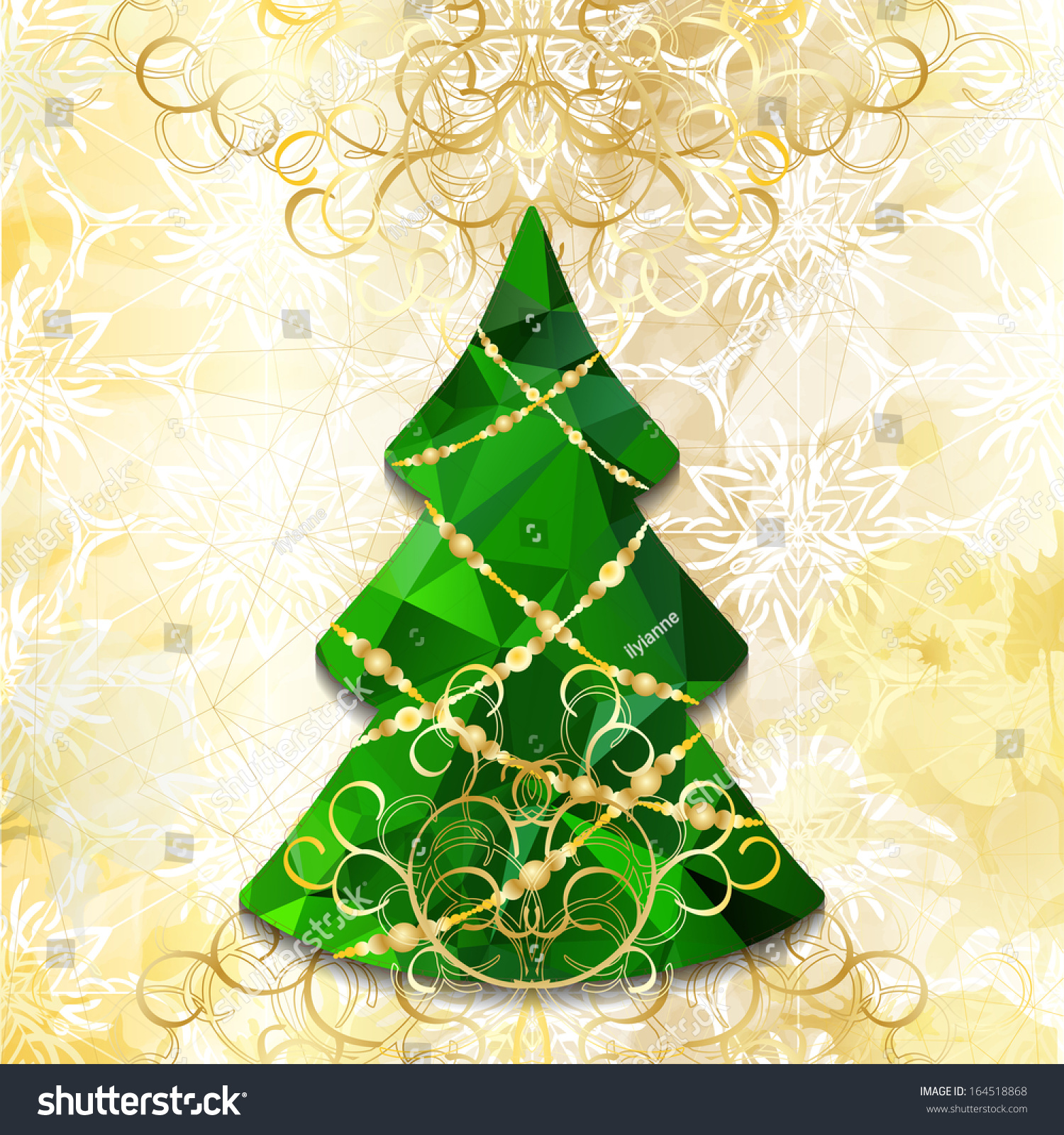 Retro Christmas Tree With Hipster Triangle Pattern And Elegant Golden Curls On Textured Splashed Background Retro Christmas Tree With Hipster Triangle Pattern And Elegant Golden Curls On Textured Splashed Background