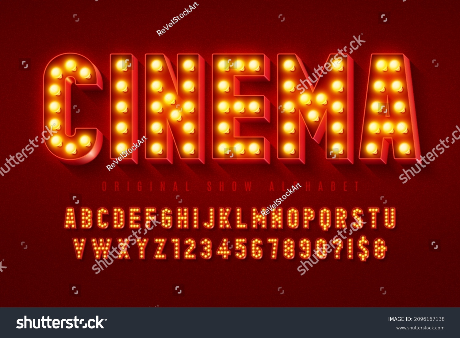 SVG of Retro cinema alphabet design, cabaret, LED lamps letters and numbers. Original design svg