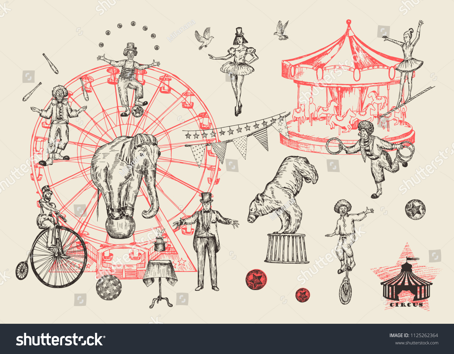 Retro Circus Performance Set Sketch Stile Stock Vector (Royalty Free ...