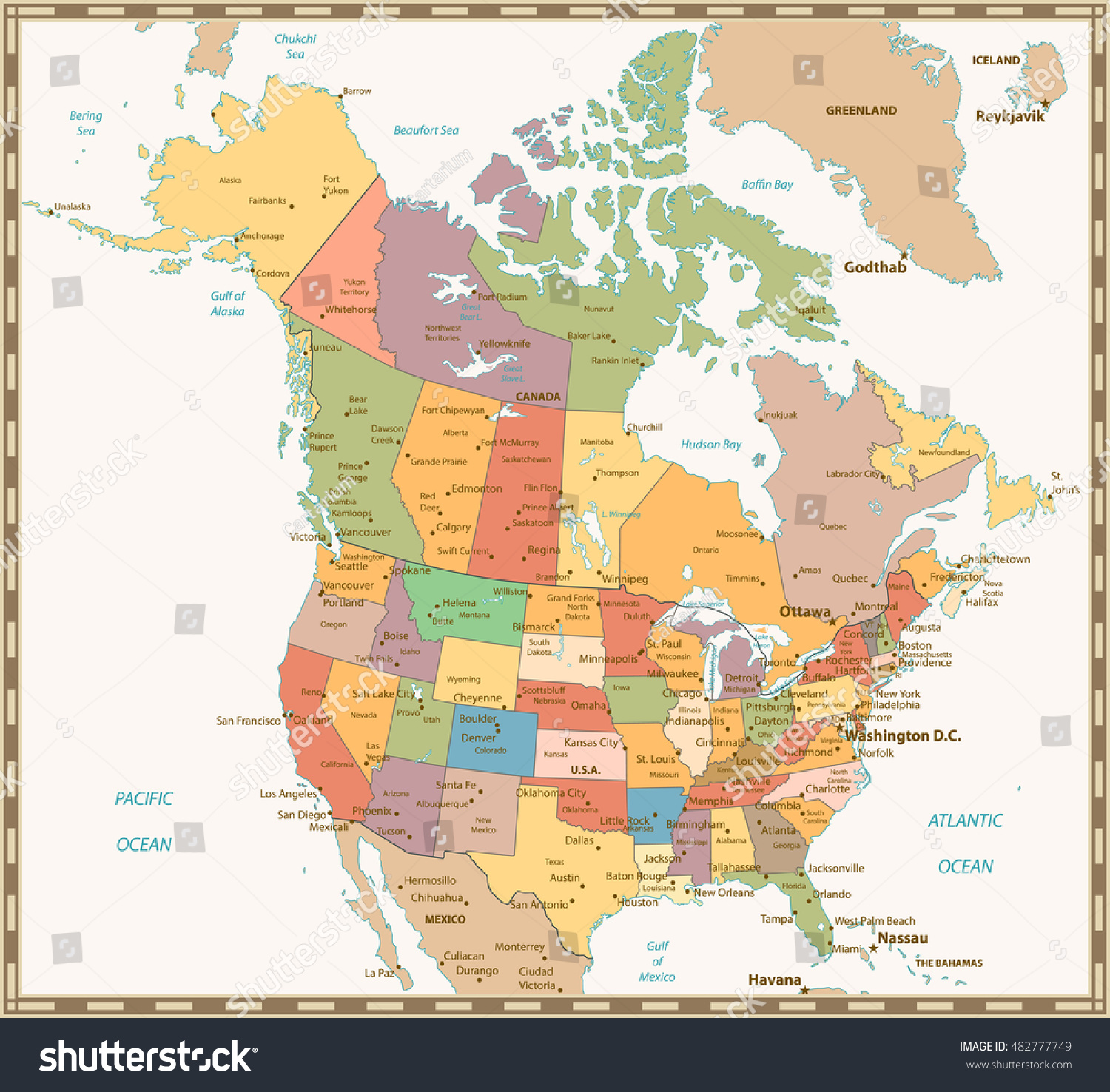 Retro Color Political Map Usa Canada Stock Vector Royalty Free