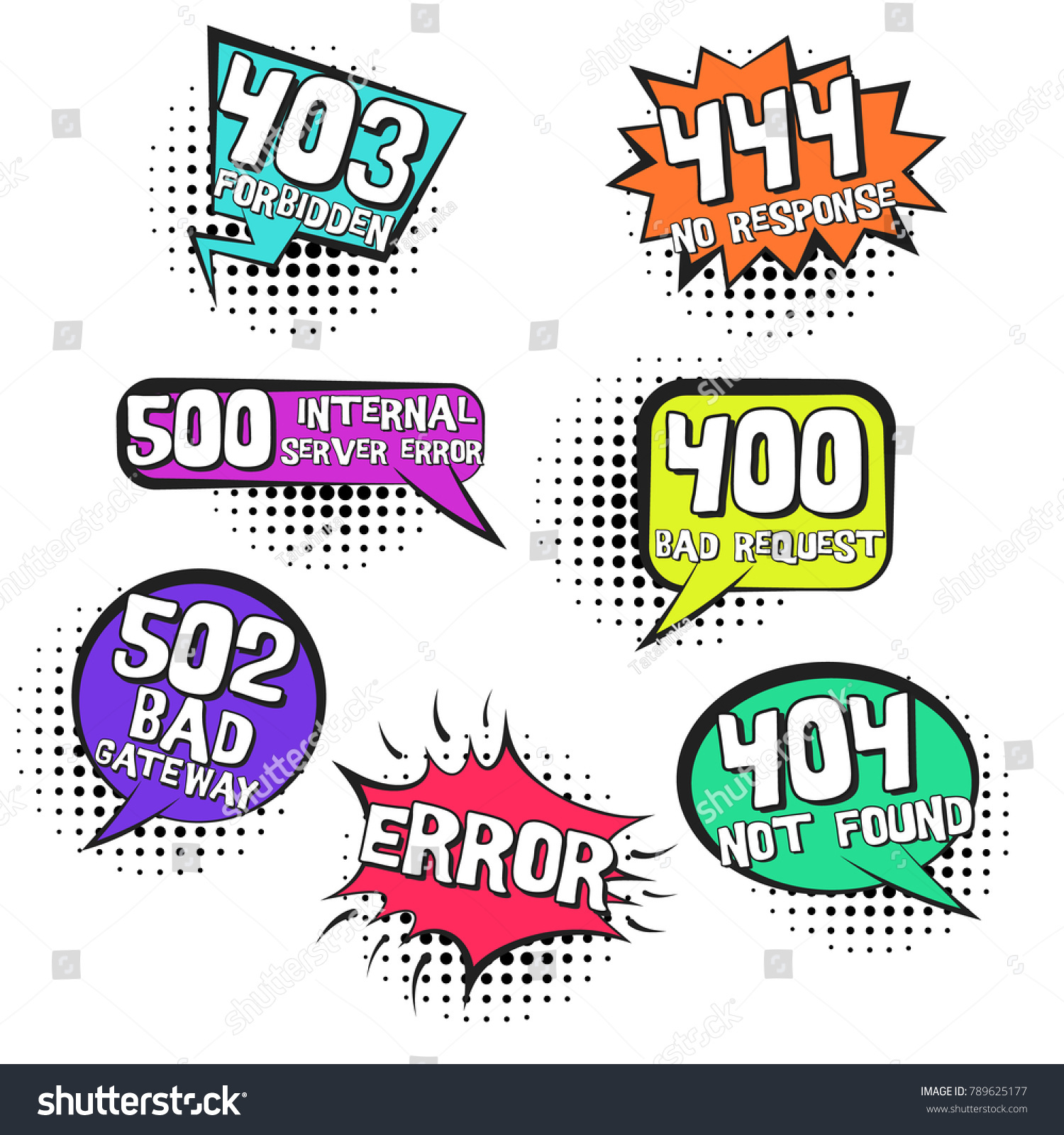SVG of Retro comic speech bubbles with inernet page errors in pop art style. Vector comic balloons with halftone shadow and popular web errors text, 400, 404, 444, 502 for comics books, banners, web design svg