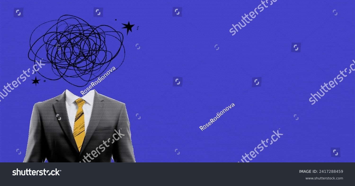 SVG of Retro concept collage with depression businessman in suit on halftone  effect style. Pop art with doodle elements. Paper blue background for design. Vector illustration. svg