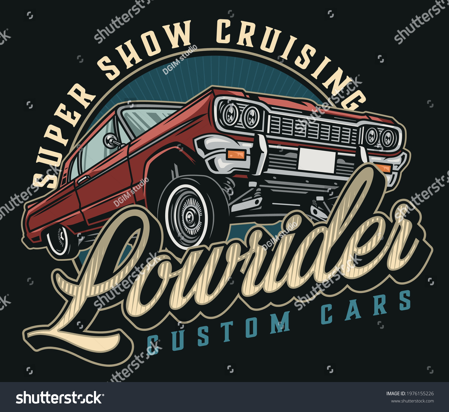 SVG of Retro custom car colorful vintage print with red classic lowrider car isolated vector illustration svg